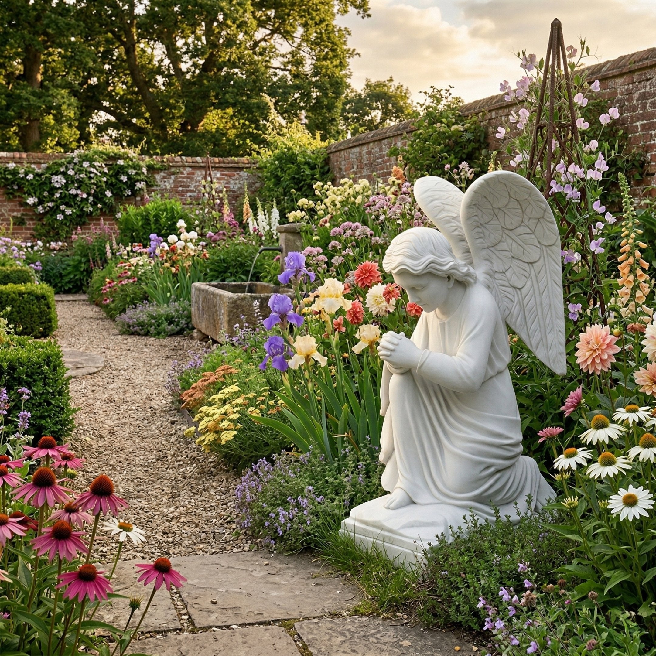 Praying Angel Marble Outdoor Sculpture by Giant Sculptures, a 70cm white marble kneeling angel with clasped hands and detailed wings, displayed in a walled cottage garden among colorful flowers.