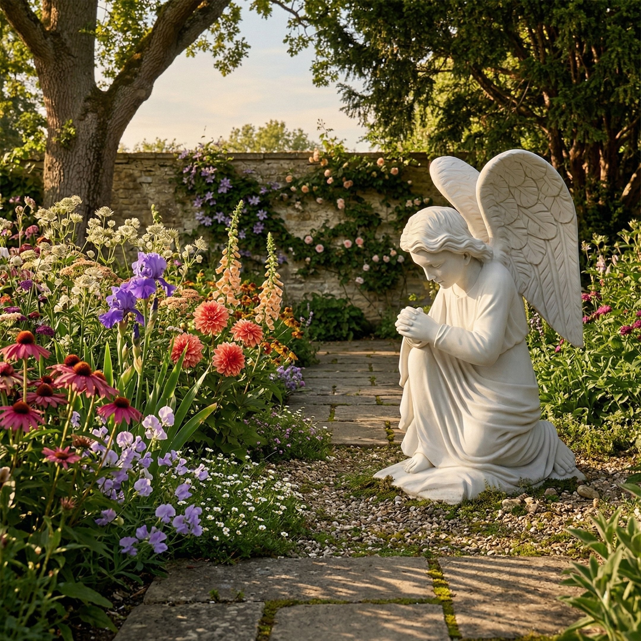 Praying Angel Marble Outdoor Sculpture by Giant Sculptures, a 70cm white marble kneeling angel with clasped hands and detailed wings, set in a garden with colorful flowers and a stone wall.