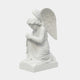 Praying Angel Marble Outdoor Sculpture by Giant Sculptures, depicting a kneeling winged angel with clasped hands and bowed head in white marble on a rectangular base, plain grey background.