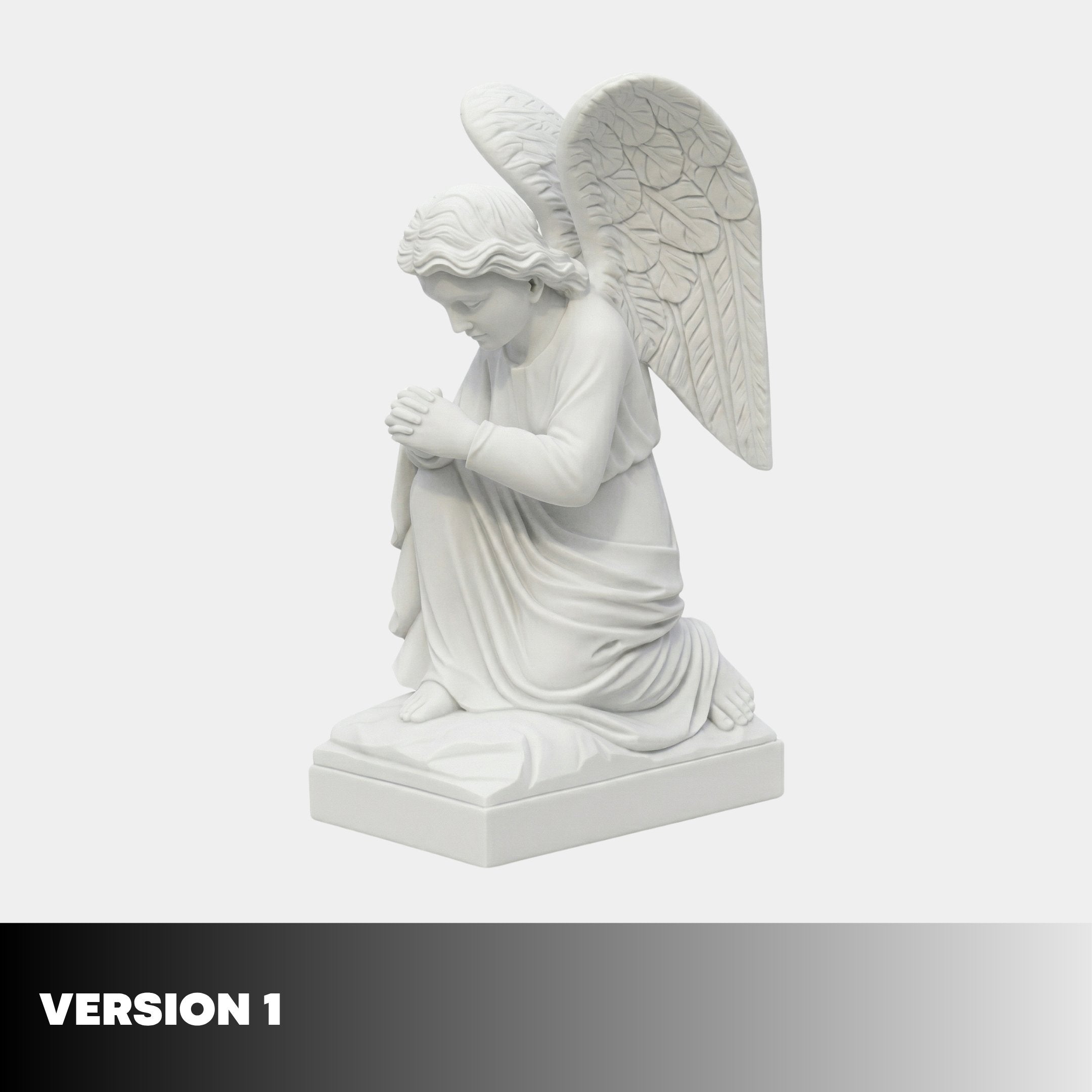 Praying Angel Marble Outdoor Sculpture by Giant Sculptures, depicting a kneeling winged angel with clasped hands and bowed head in white marble on a rectangular base, plain light background.