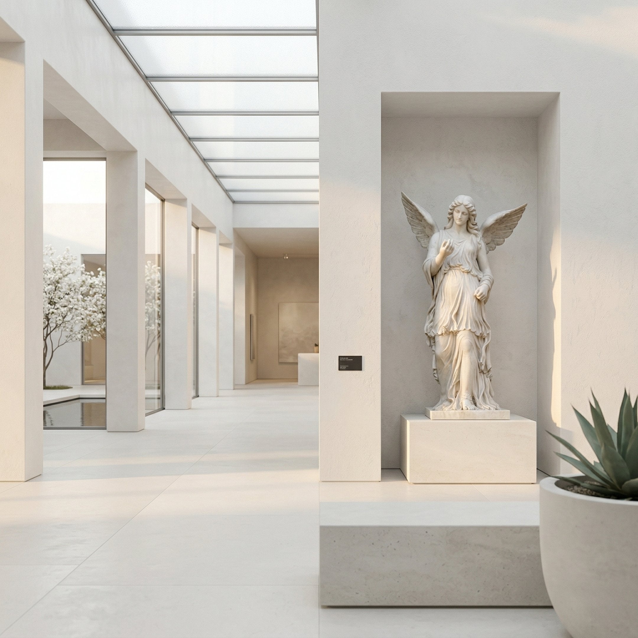 Large Angel Marble Outdoor Sculpture by Giant Sculptures, 180cm white marble winged angel on a stone pedestal set in a recessed wall niche within a bright minimalist gallery with skylights and a courtyard view.