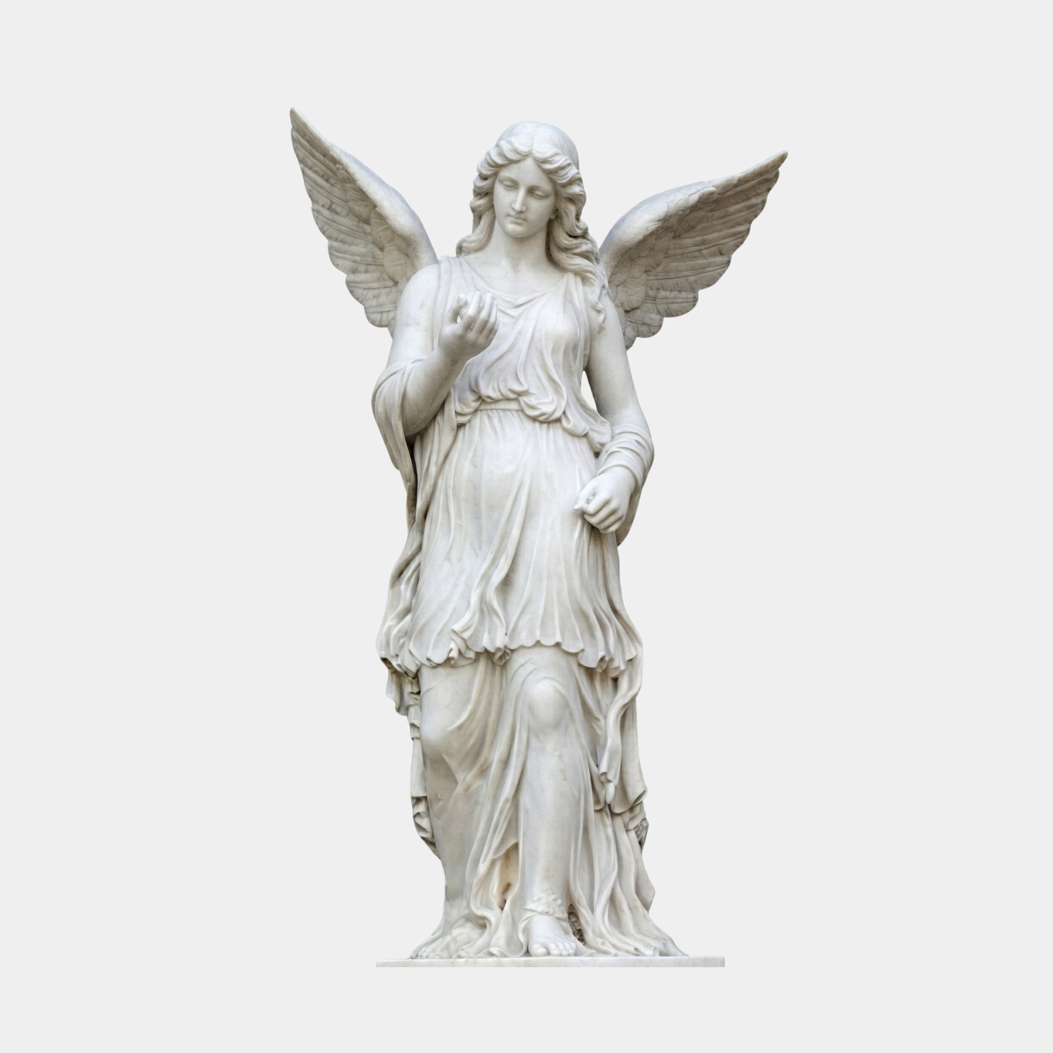 Large Angel Marble Outdoor Sculpture – 180cm by Giant Sculptures, a white marble winged angel in flowing draped robes with a downward gaze and one hand raised, set against a plain light grey background.