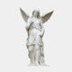 Large Angel Marble Outdoor Sculpture (Hand Raised in Blessing) 180cm by Giant Sculptures, white marble winged figure in draped robes, on a light grey background.