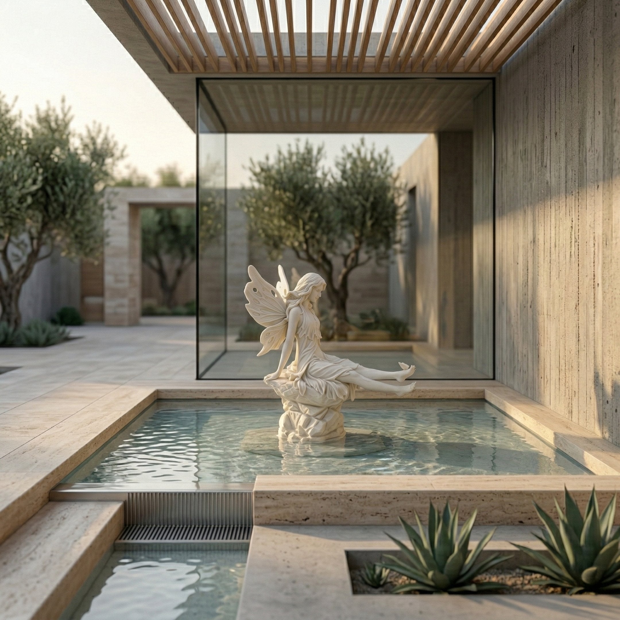 Fairy Sitting Angel Marble Outdoor Sculpture in white marble positioned in a shallow pool within a modern courtyard with olive trees and stone walls.