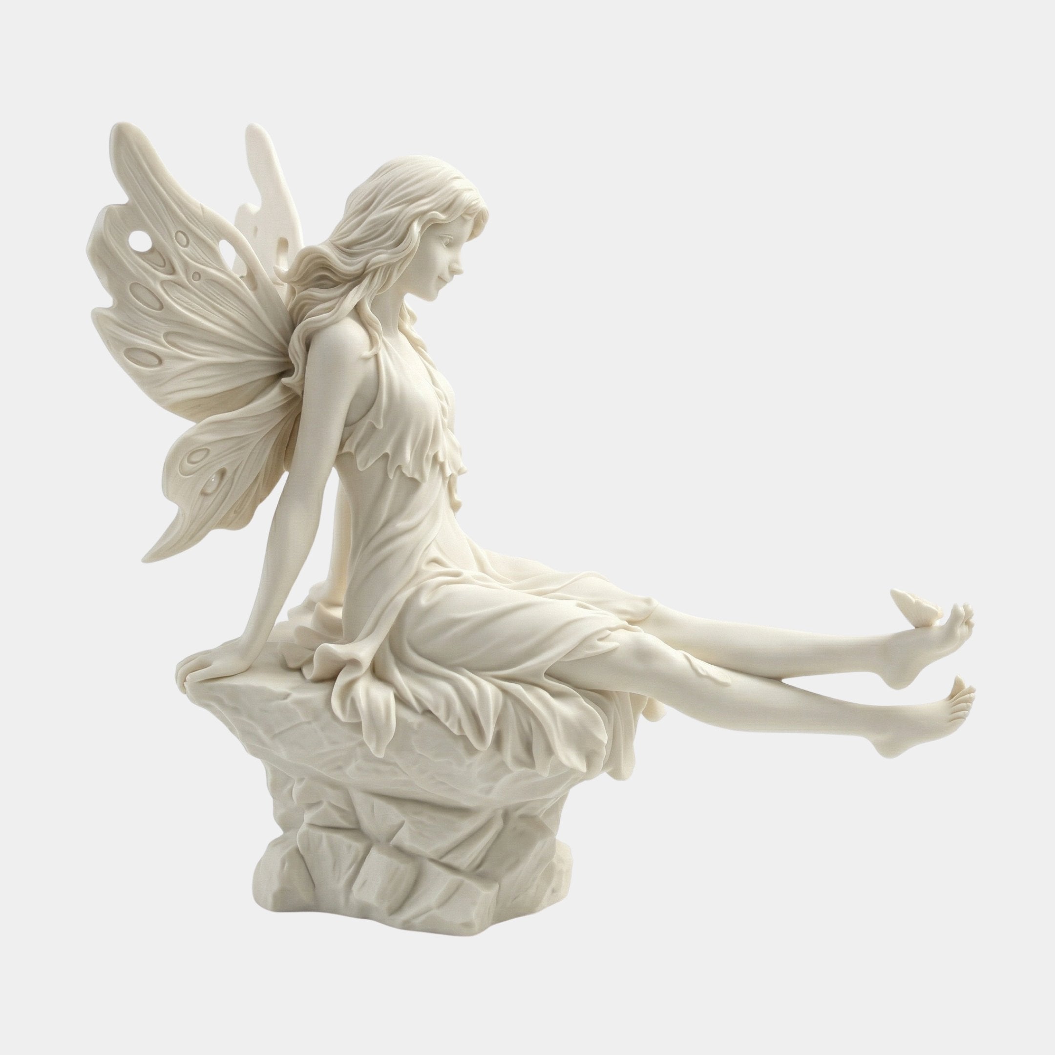 Fairy Sitting Angel Marble Outdoor Sculpture – 80cm white marble fairy with butterfly wings seated on a rocky base, shown against a plain light background.