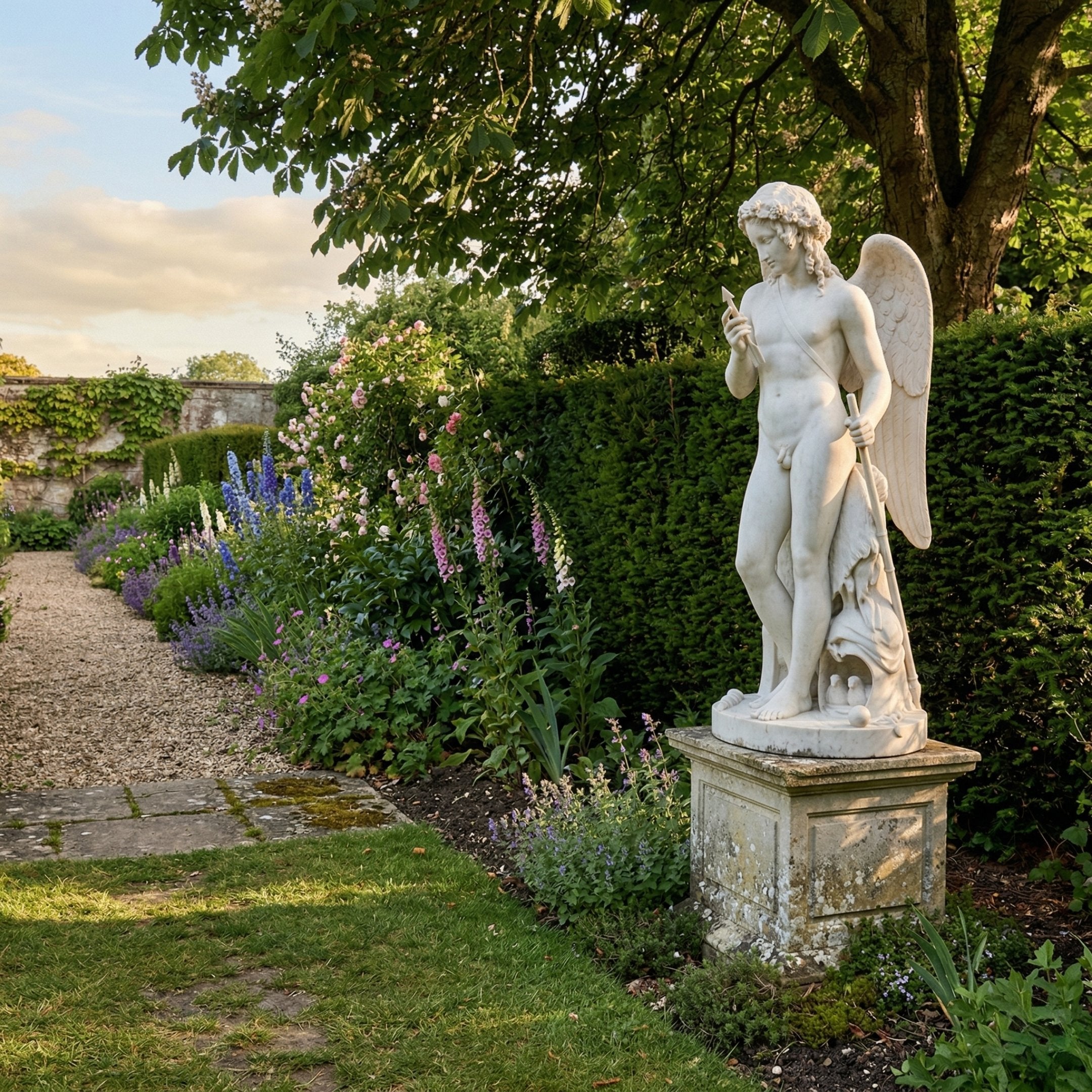 Famous Cupid Art Angel Marble Outdoor Sculpture in white natural marble, 160cm, shown in a lush English walled garden beside flowering borders and a clipped yew hedge.