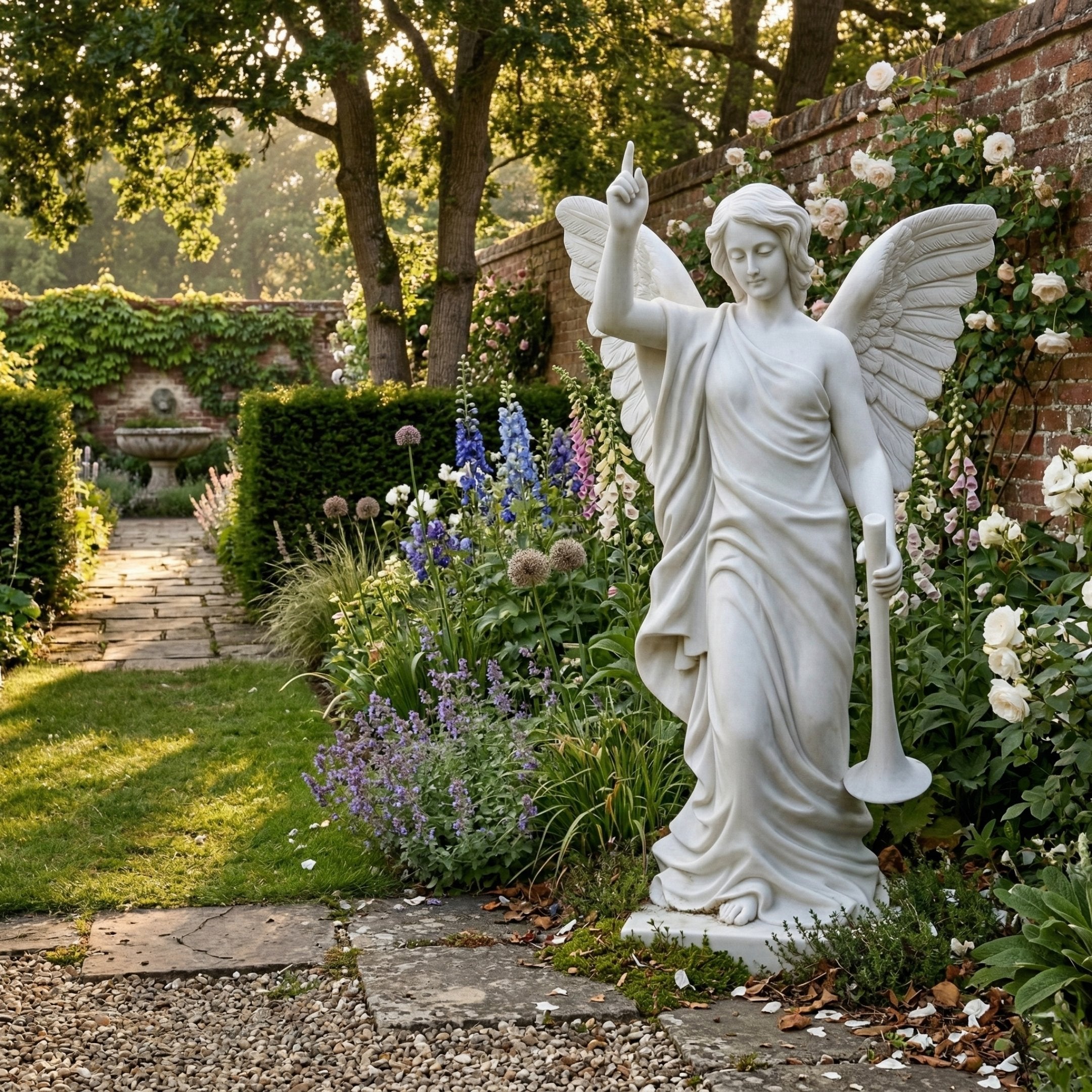 Classic Angel Marble Outdoor Sculpture - 180cm by Giant Sculptures, a white marble winged angel in flowing robes with one arm raised, displayed in a walled English garden with flowers.