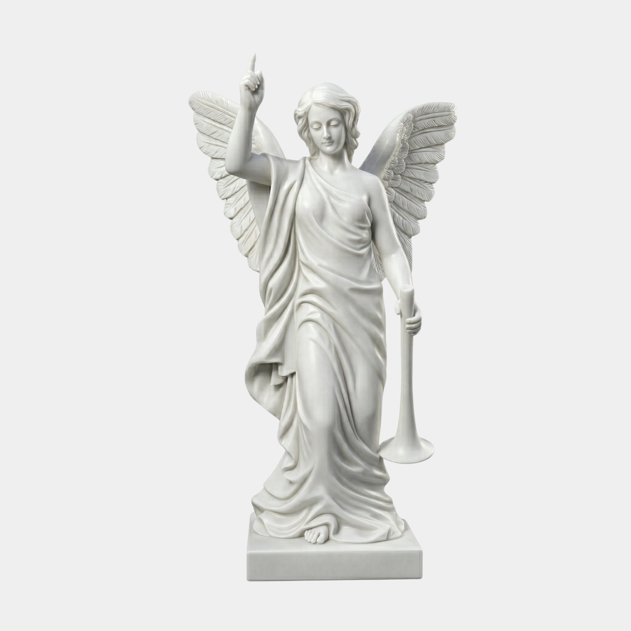 Classic Angel Marble Outdoor Sculpture by Giant Sculptures, a 180cm white marble winged angel in flowing robes holding a trumpet with one arm raised, on a rectangular base against a light grey background.