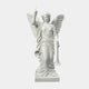 Classic Angel Marble Outdoor Sculpture by Giant Sculptures, a 180cm white marble winged angel in flowing robes holding a trumpet with one arm raised, on a rectangular base against a light grey background.