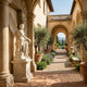 Angel Holding Wreath 150cm white marble sculpture by Giant Sculptures displayed in a Tuscan-style courtyard with arched colonnades, olive trees, and lavender plantings.