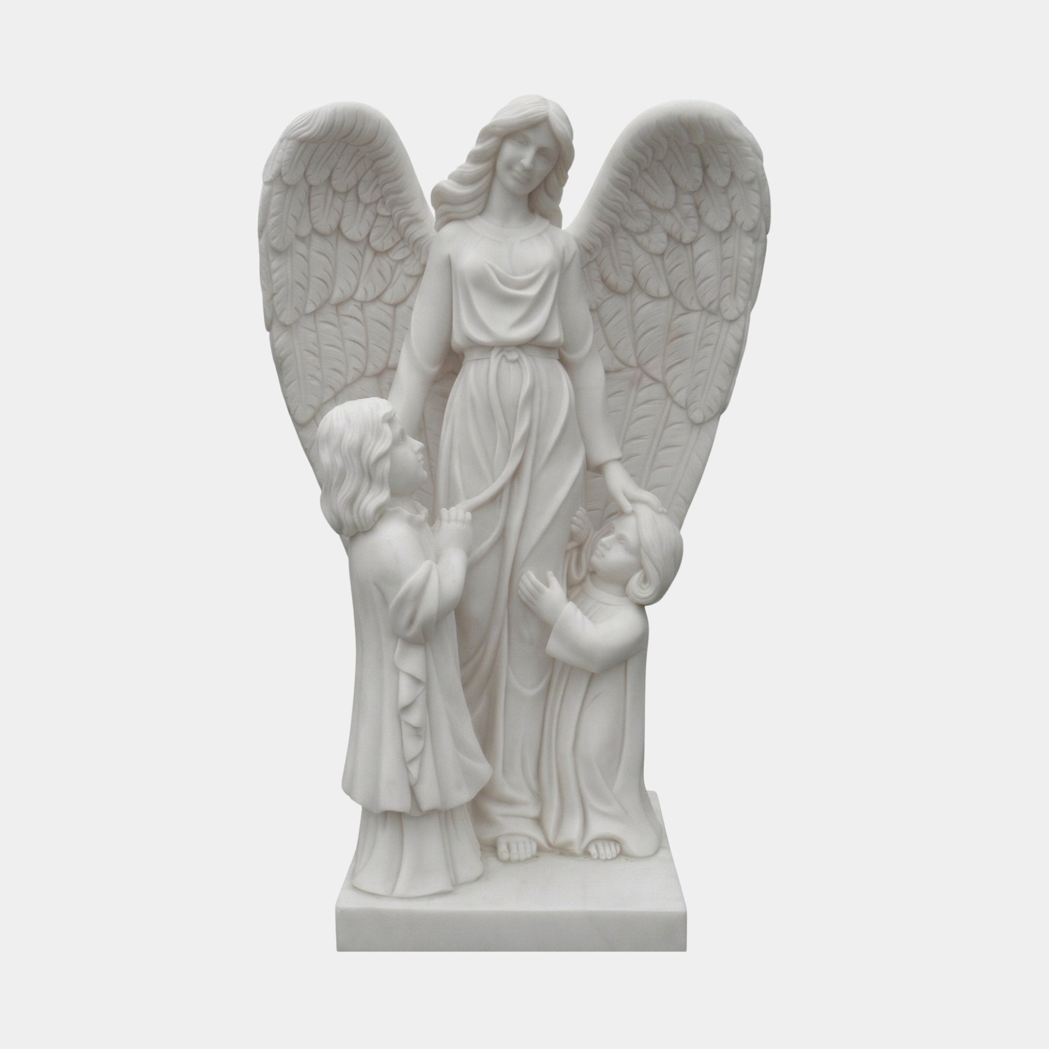 Angel Pair Angel Marble Outdoor Sculpture by Giant Sculptures, 180cm white marble angel with large feathered wings holding hands with two children, on a rectangular base against a plain light background.