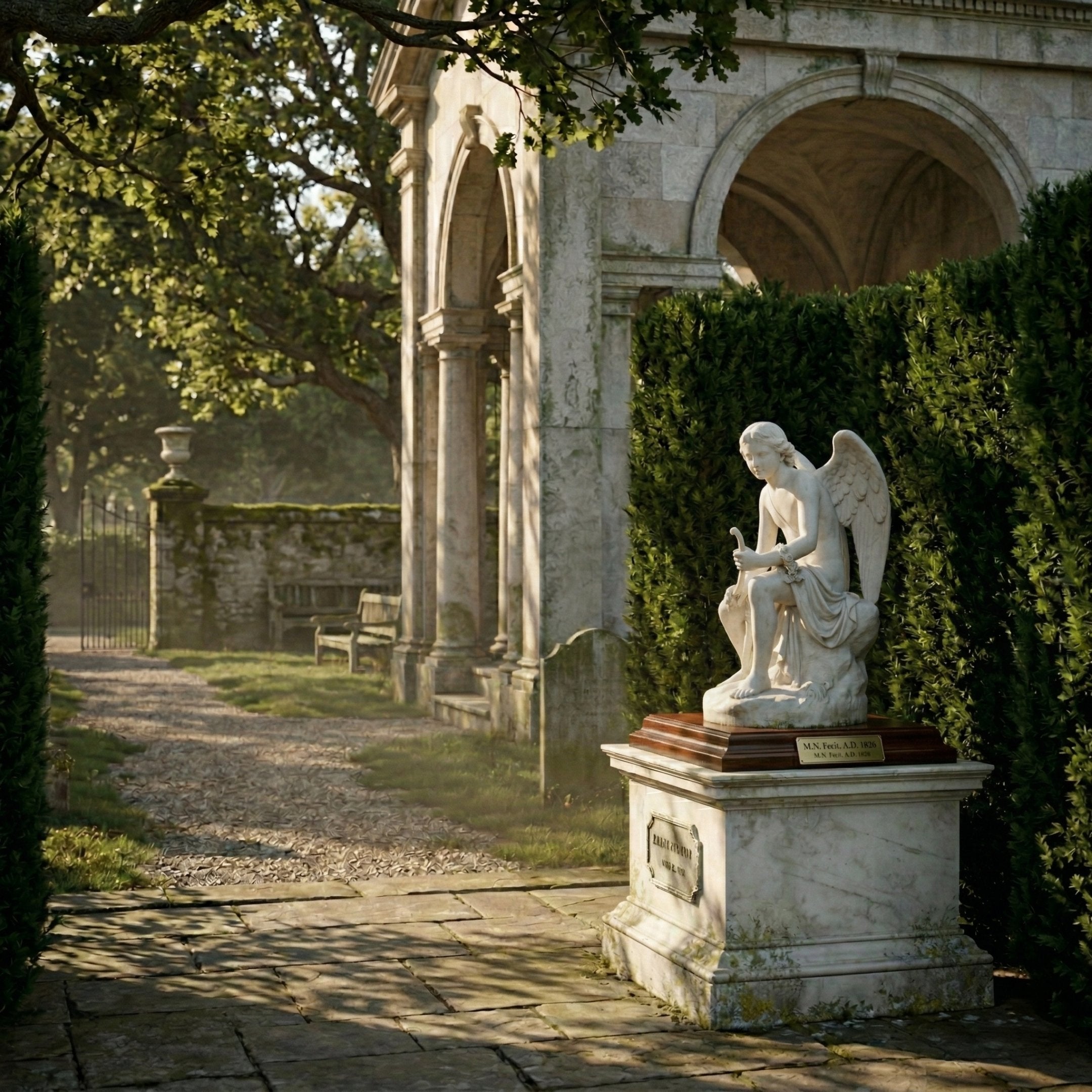 Eros And Snake Cupid Angel Marble Outdoor Sculpture by Giant Sculptures, 100cm white marble figure seated on a pedestal with wings and serpent, set in a garden with stone arches and hedges.