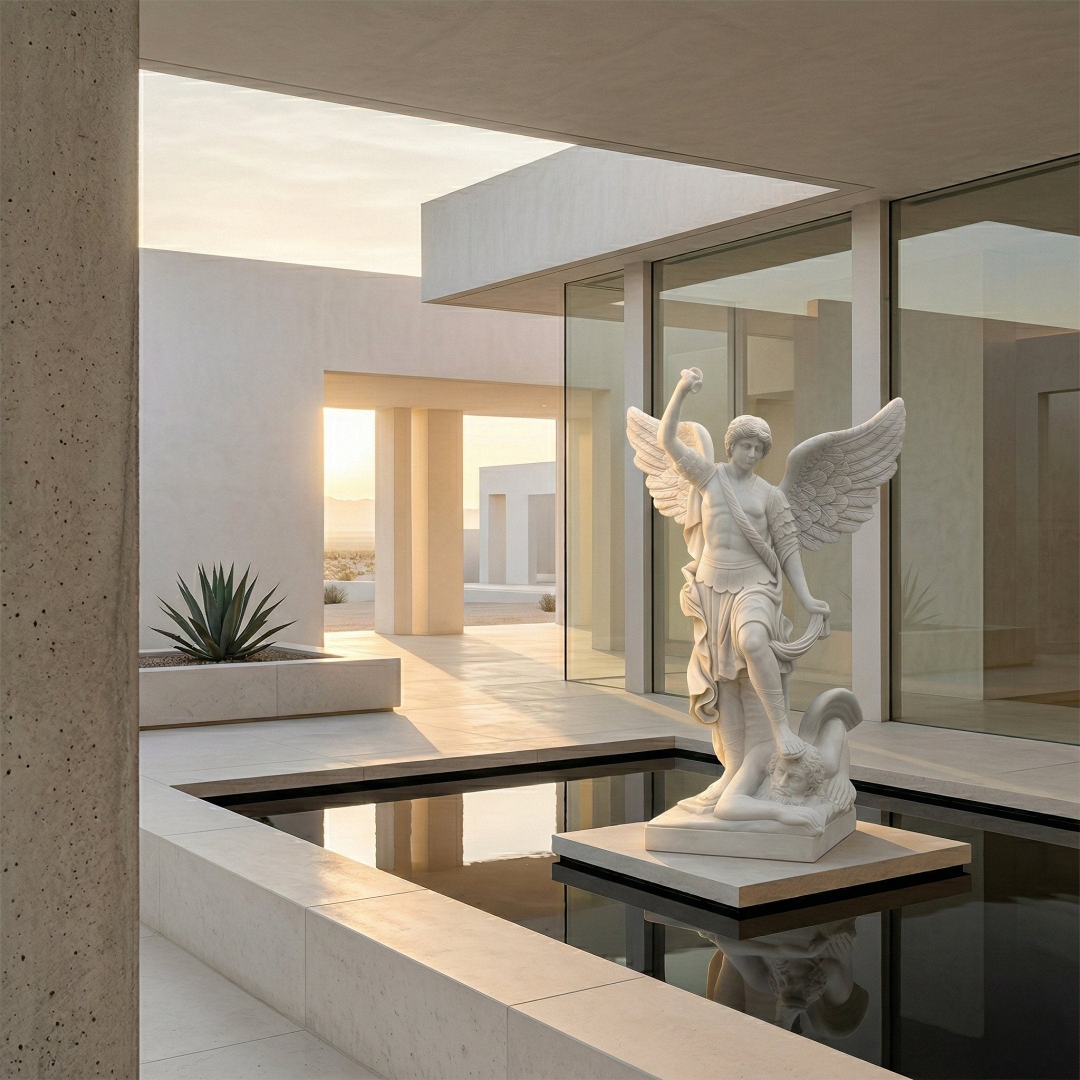 Archangel St Michael Angel Marble Outdoor Sculpture by Giant Sculptures, 180cm white marble figure with outstretched wings and battle pose, displayed on a pedestal over a reflective pool in a modern desert courtyard.