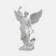 Archangel St Michael Angel Marble Outdoor Sculpture by Giant Sculptures, 180cm white marble figure with raised sword, spread wings, and defeated demon underfoot, on a plain light background.
