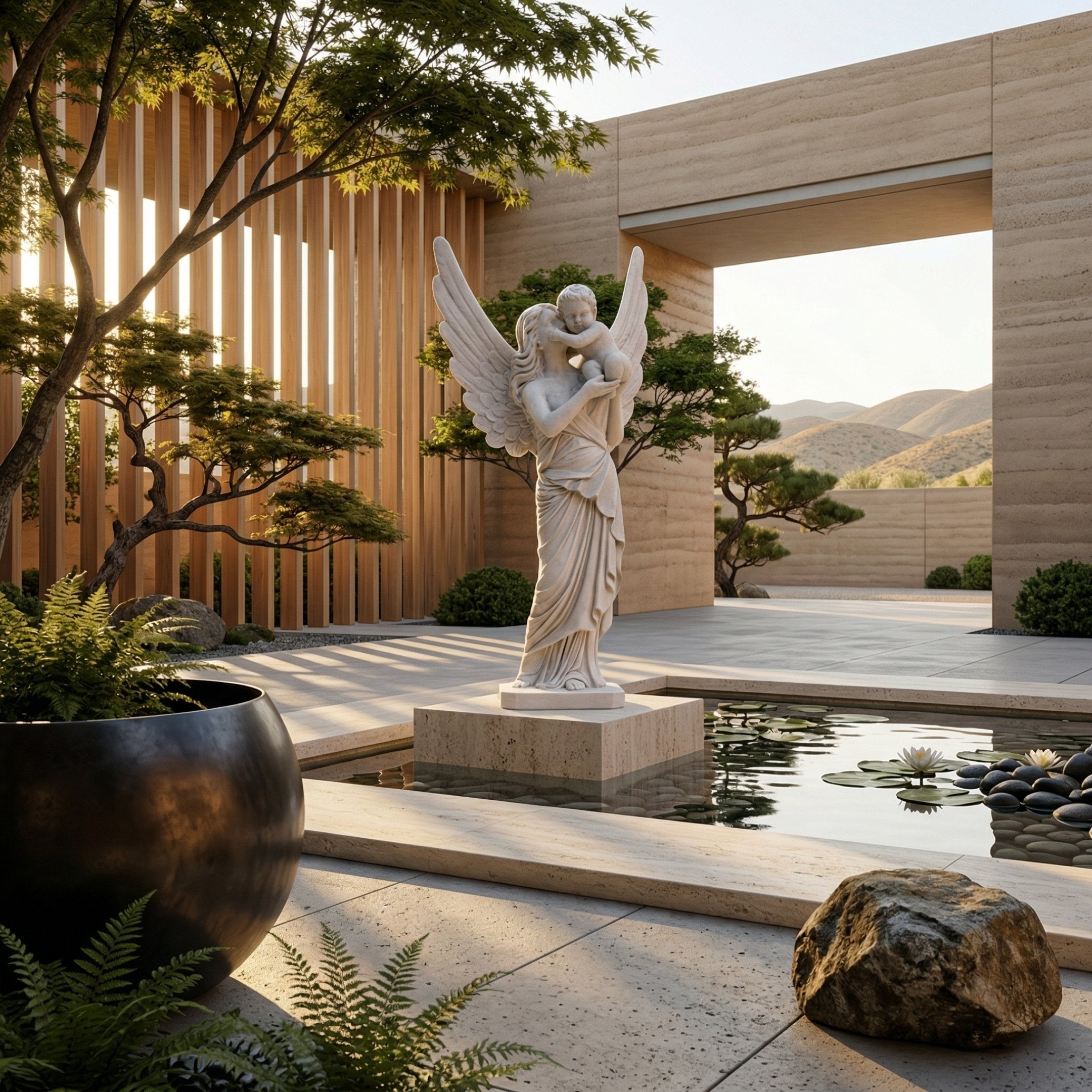 Female Angel Holding Child Marble Outdoor Sculpture by Giant Sculptures, 180cm white marble angel cradling a child with spread wings, displayed beside a reflective pond in a modern courtyard.