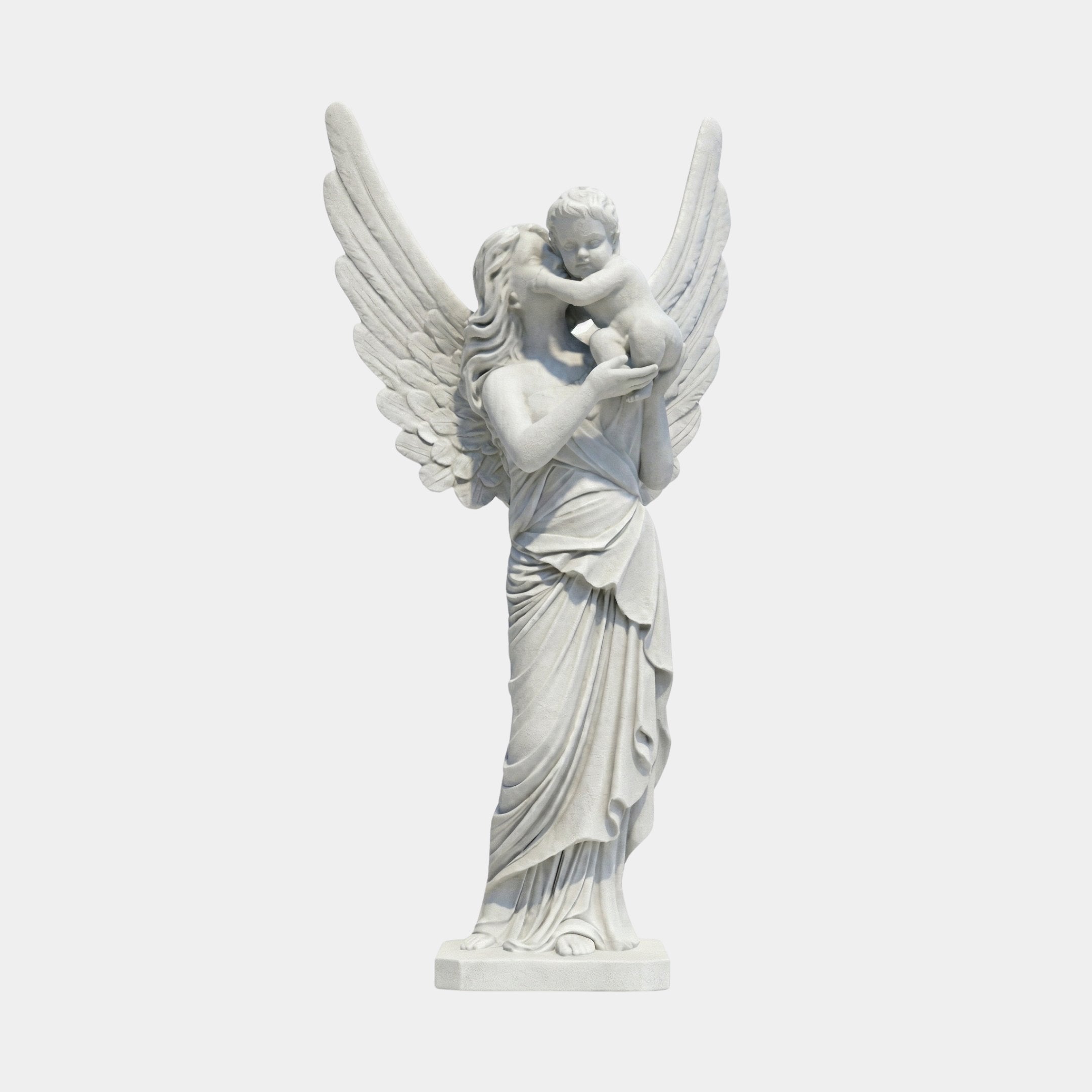 Female Angel Holding Child Marble Outdoor Sculpture – 180cm by Giant Sculptures, depicting a winged angel in flowing robes tenderly cradling a child, carved in white marble on a square base, shown against a plain light grey background.