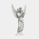Female Angel Holding Child Marble Outdoor Sculpture – 180cm by Giant Sculptures, depicting a winged angel in flowing robes tenderly cradling a child, carved in white marble on a square base, shown against a plain light grey background.