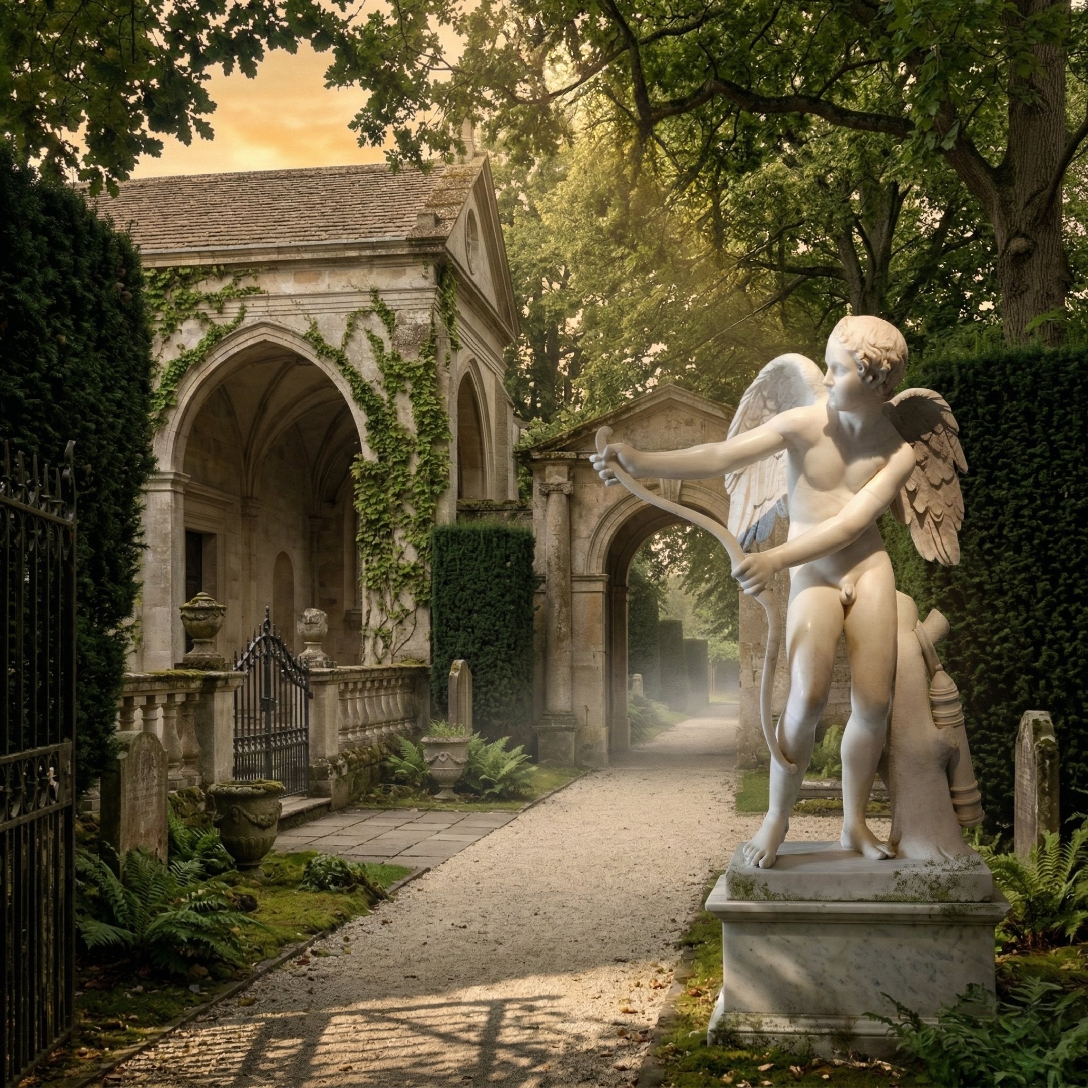 Eros God Of Love Angel Marble Outdoor Sculpture by Giant Sculptures, 130cm white marble figure with wings and bow in a garden setting with stone archways.