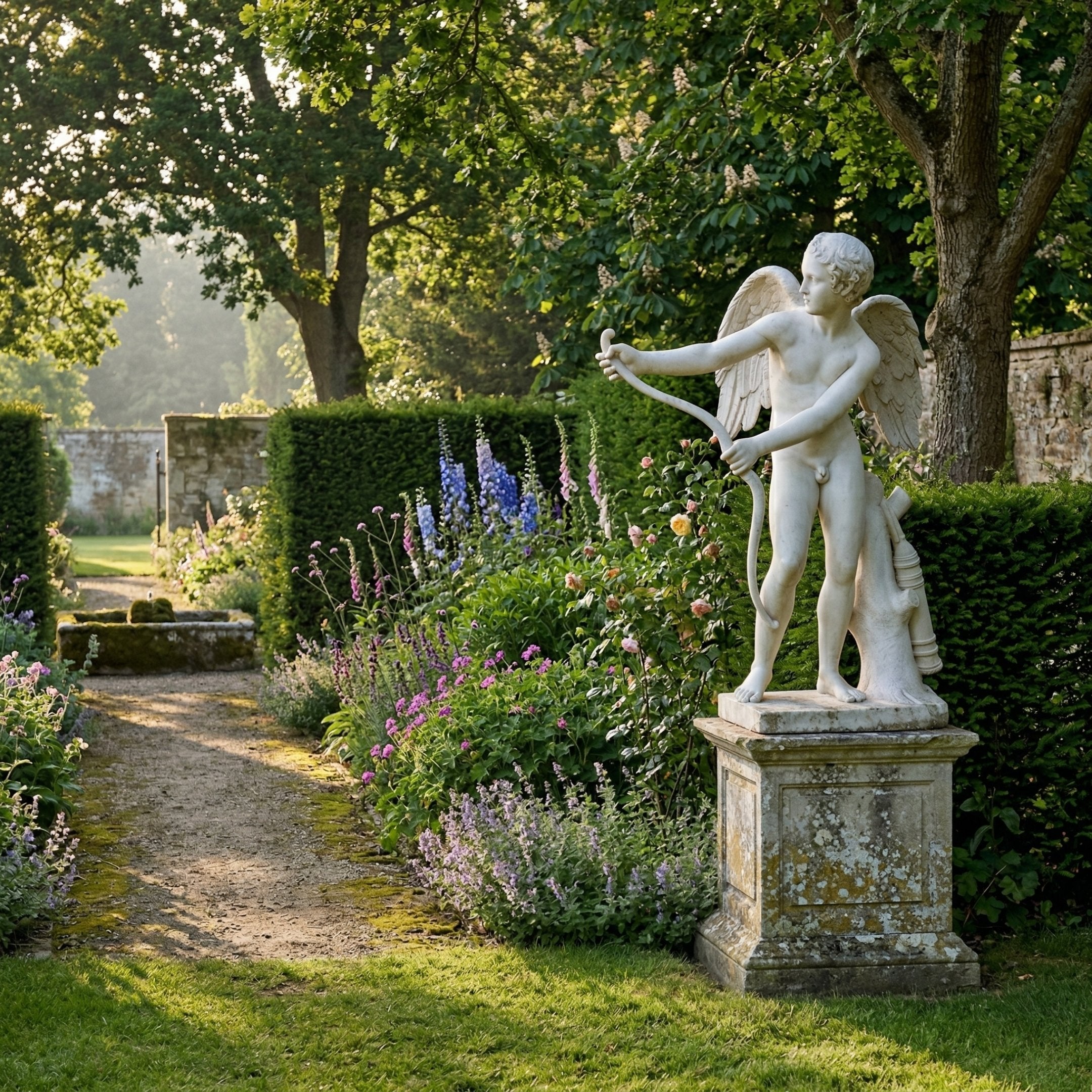 Eros God of Love Angel Marble Outdoor Sculpture by Giant Sculptures, 130cm white marble figure with wings drawing a bow, displayed on a stone pedestal in a lush garden.