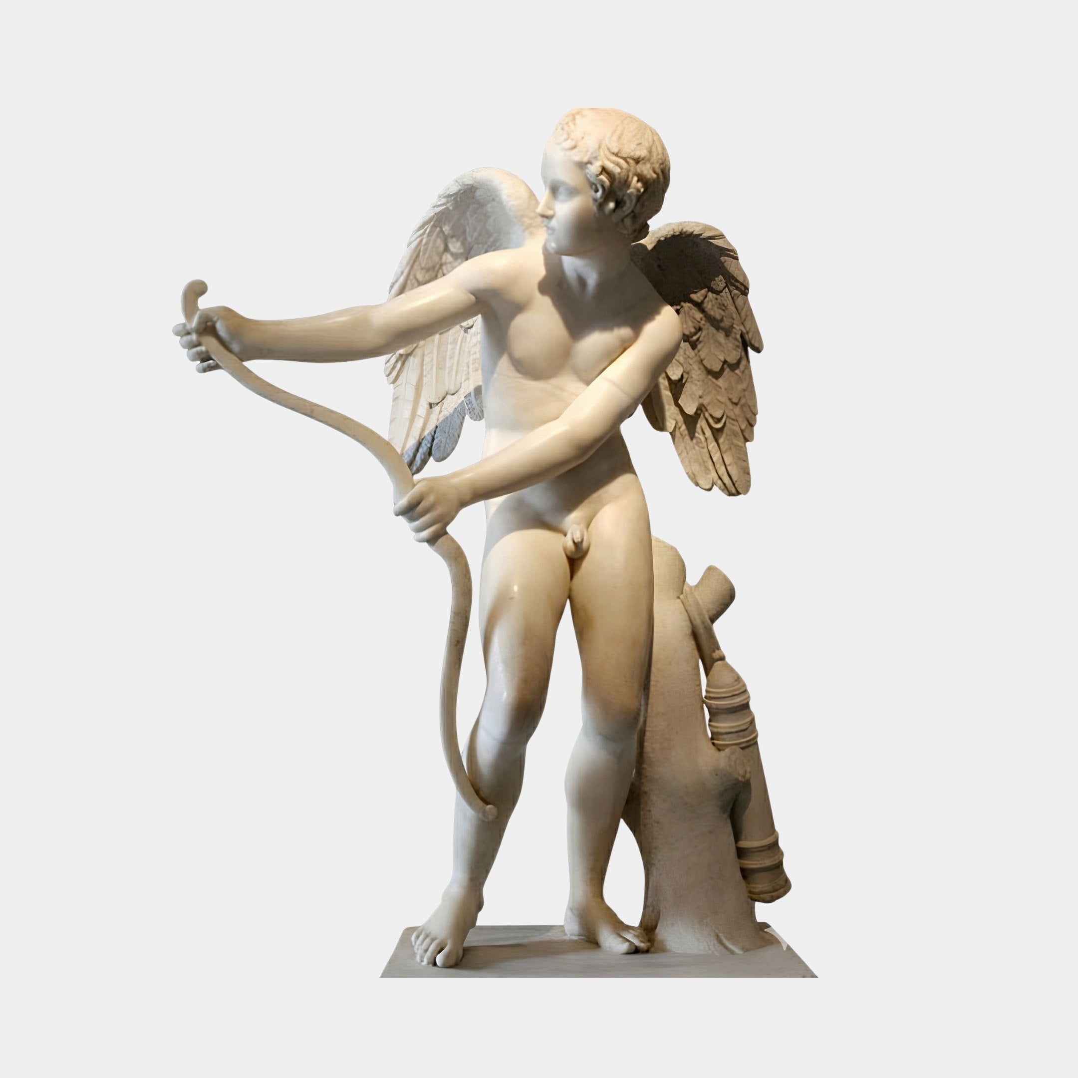 Eros God Of Love Angel Marble Outdoor Sculpture in white marble depicting a winged Cupid drawing a bow, with detailed feathered wings, on a plain light background.