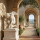 Playing With Butterfly Cupid Angel Marble Outdoor Sculpture in white marble, showing a winged cherub kneeling on a rectangular pedestal, set in an arched Italian-style loggia with olive trees and a hillside view.