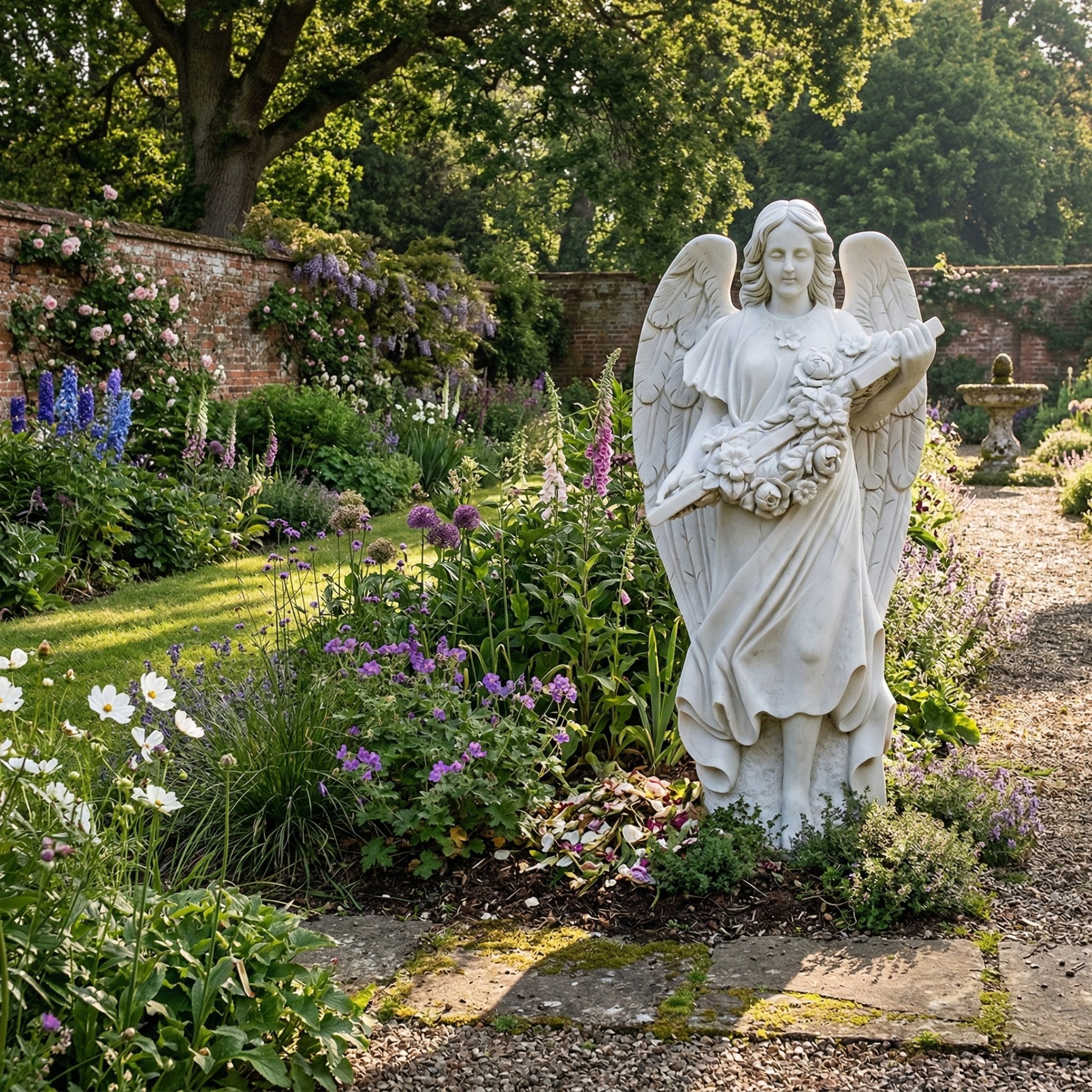 Giant Sculptures Floral Cross Marble Angel Sculpture in white marble, 180cm tall, holding a floral cross, set in a walled English garden with flowering borders.