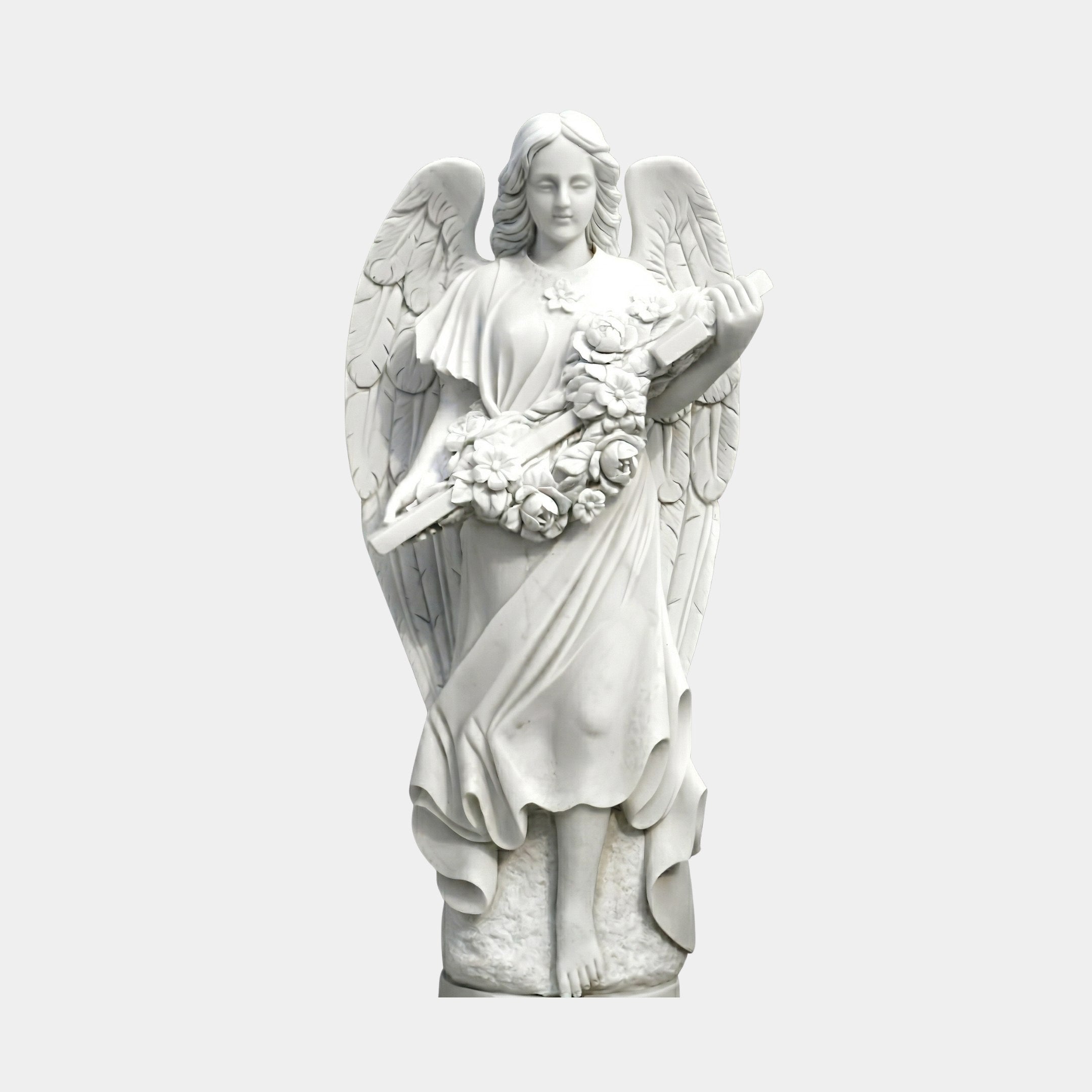 Floral Cross Marble Angel Sculpture – 180cm by Giant Sculptures, a white marble angel holding a cross adorned with carved flowers, wearing flowing draped robes with outstretched wings, on a plain light background.
