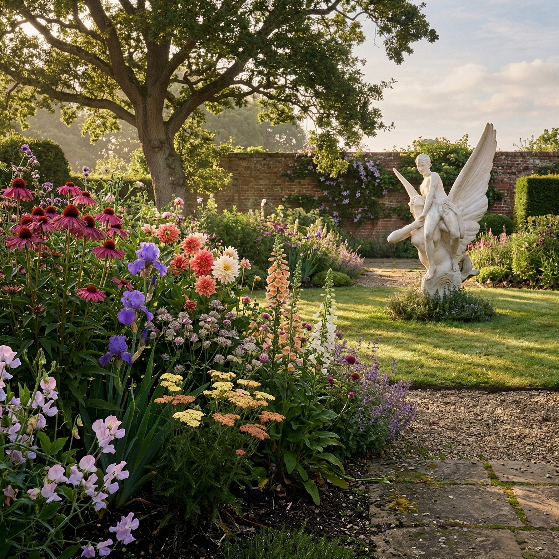 Giant Sculptures Winged Siren Angel Marble Outdoor Sculpture in white marble, 120cm, displayed in a walled English garden with mixed perennial flower borders and a gravel path.