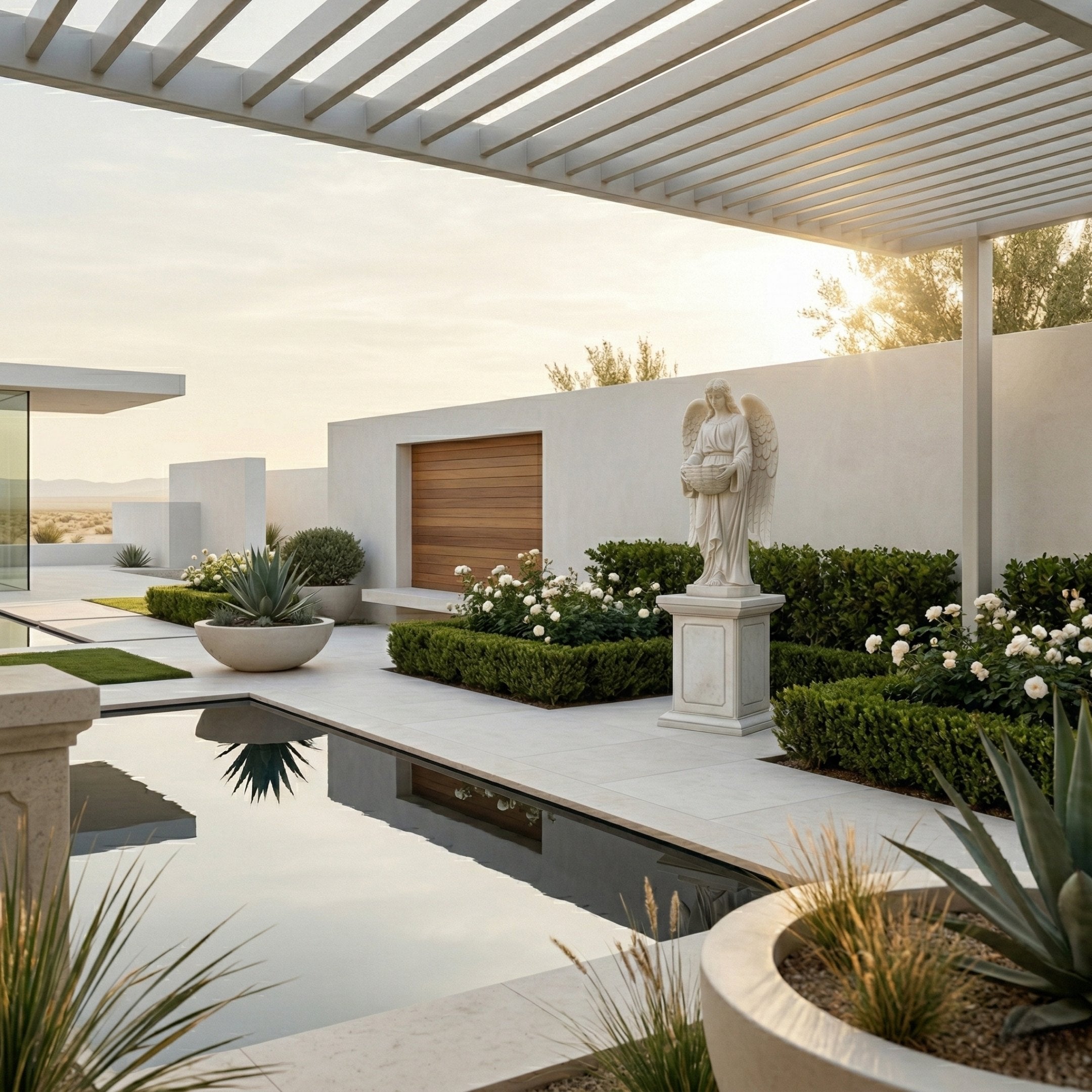 Giant Sculptures Angel Statue Angel Marble Outdoor Sculpture – 180cm white marble angel holding a basket on a classical pedestal, set in a modern courtyard with a reflecting pool, hedges, and white roses.