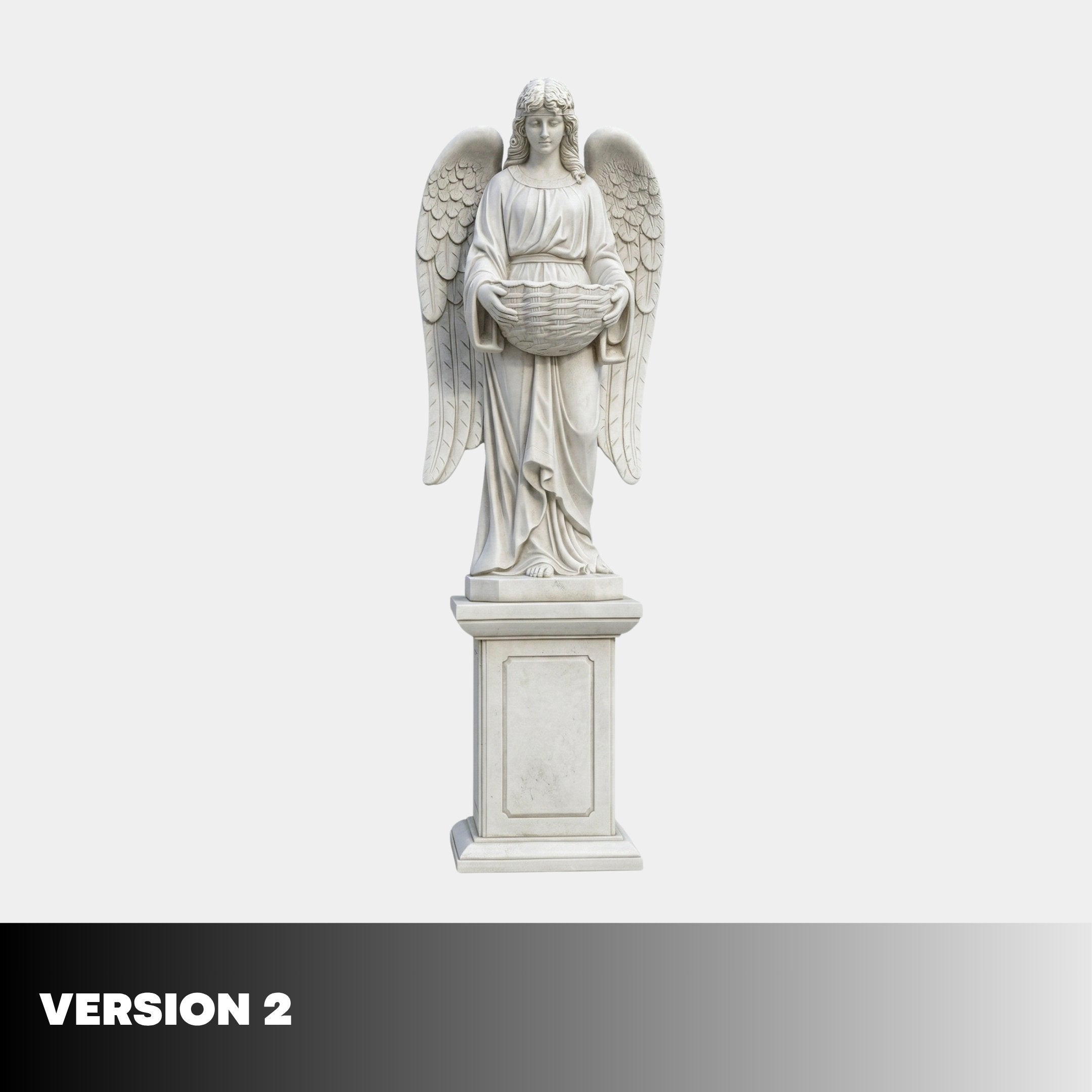 The Angel Statue Angel Marble Outdoor Sculpture - 180cm by Giant Sculptures features a hand-carved marble angel with wings and a serene expression on a pedestal holding a bowl, against a plain gray background. Version 2 appears in bold at the bottom left.