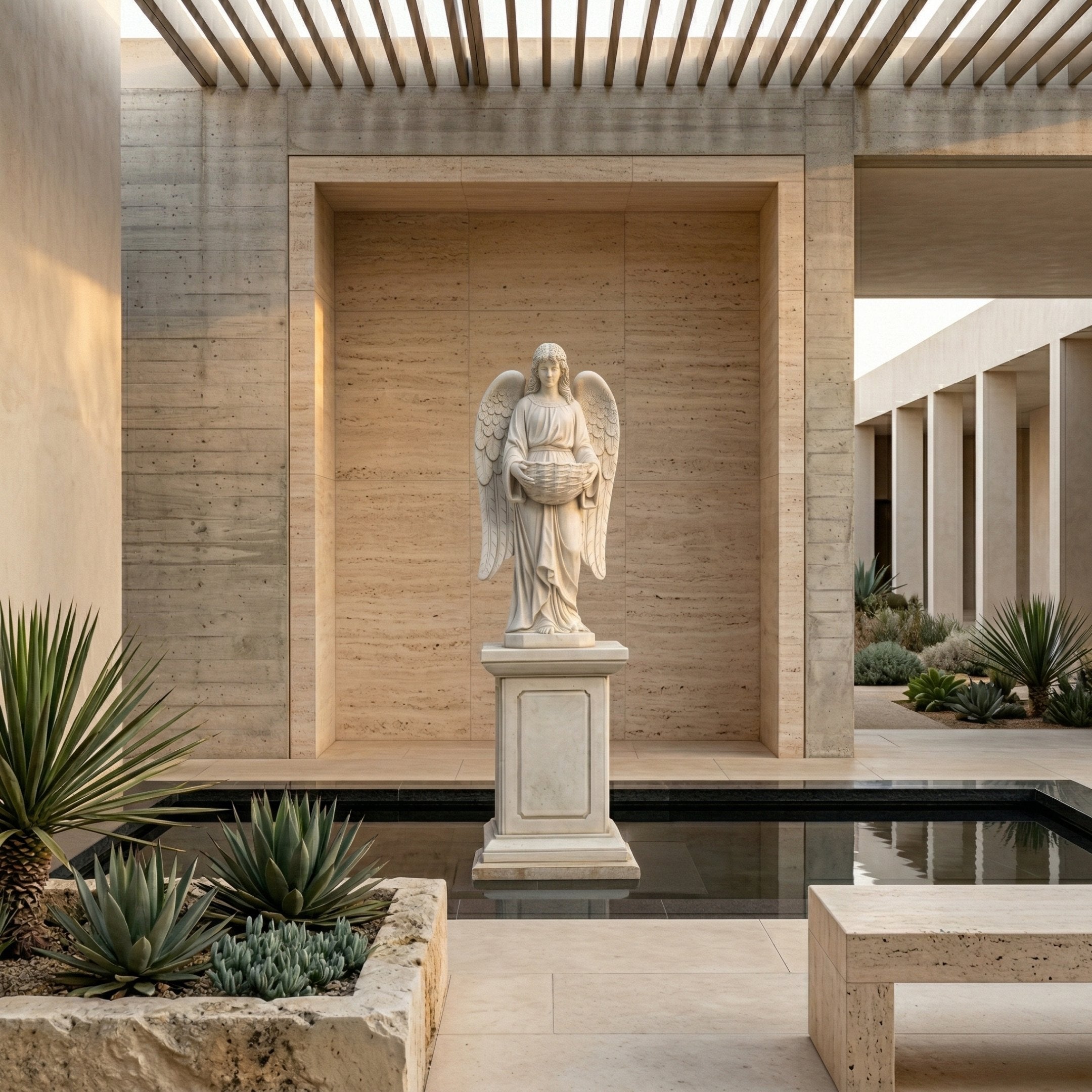 Giant Sculptures Angel Statue Angel Marble Outdoor Sculpture – 180cm white marble winged angel holding a basket on a classical pedestal, displayed in a modern courtyard with succulents and a reflecting pool.