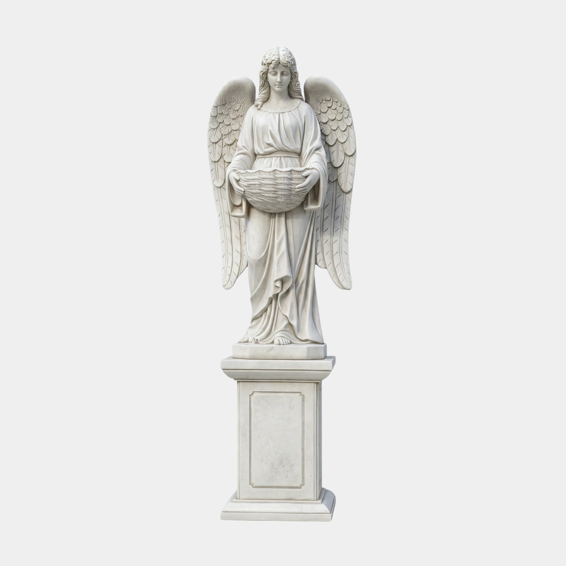 Angel Statue Angel Marble Outdoor Sculpture – 180cm by Giant Sculptures, a white marble winged angel in flowing robes holding a woven basket, standing on a classical pedestal, shown against a plain light grey background.