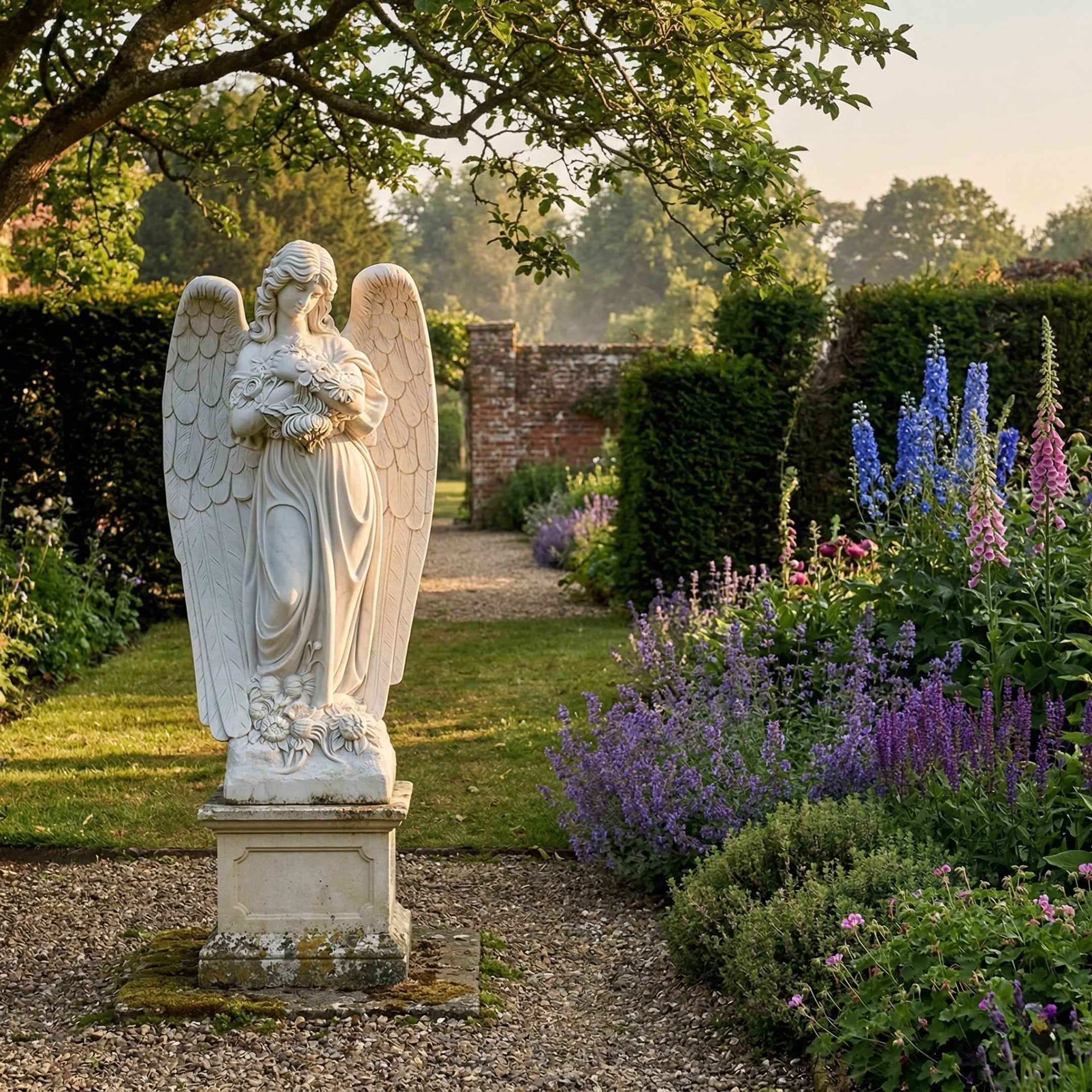 Standing Angel Marble Outdoor Sculpture by Giant Sculptures, 150cm white marble angel holding flowers on a square pedestal, set in a lush English garden with delphiniums, foxgloves, and lavender.