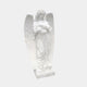 Standing Angel Marble Outdoor Sculpture – 150cm by Giant Sculptures, a white natural marble angel holding flowers with detailed feathered wings and draped robes on a rectangular base, plain grey background.
