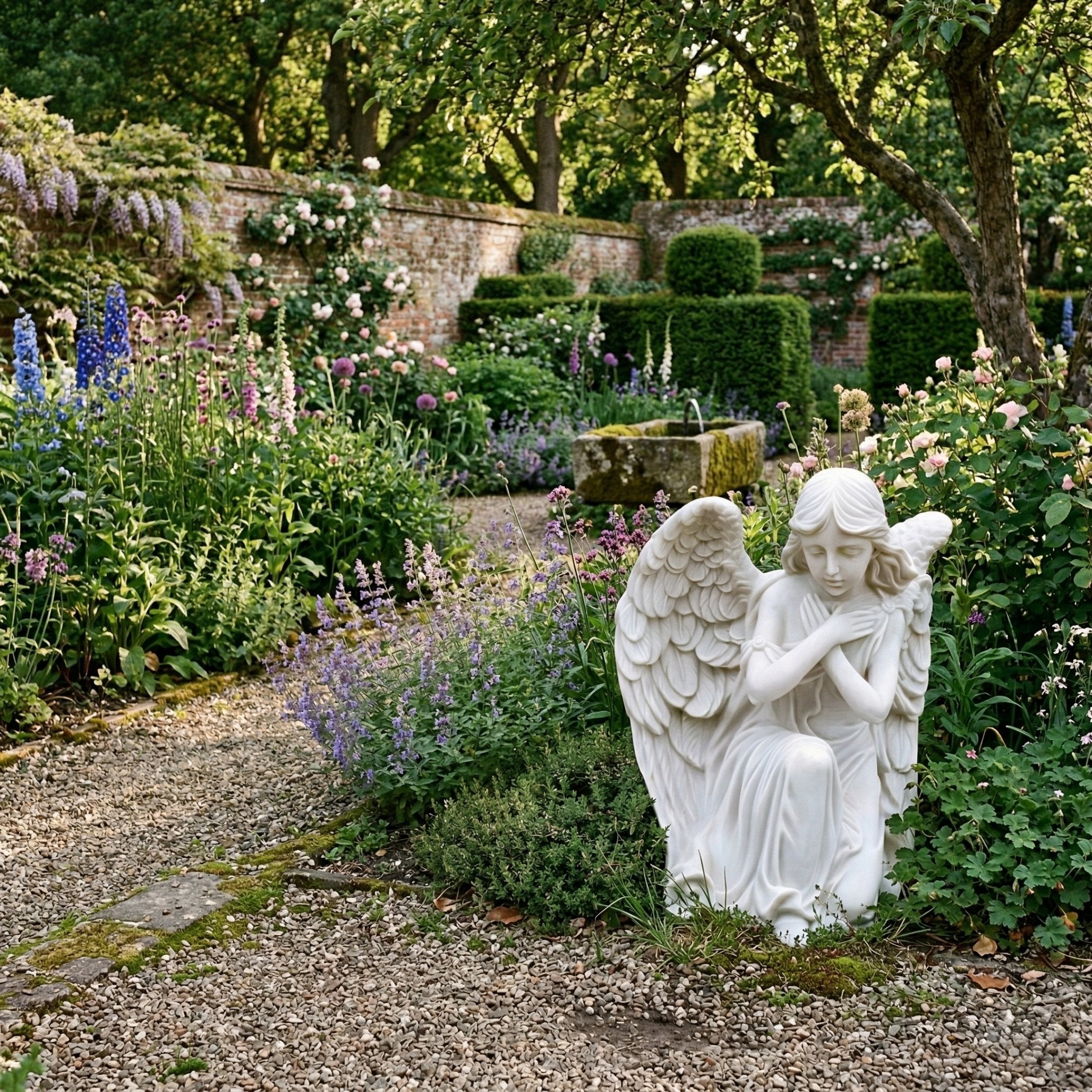Kneeling Angel Marble Outdoor Sculpture by Giant Sculptures, 80cm white marble figure with crossed arms and detailed wings, set on a gravel path in a walled garden with roses, delphiniums, and lavender.