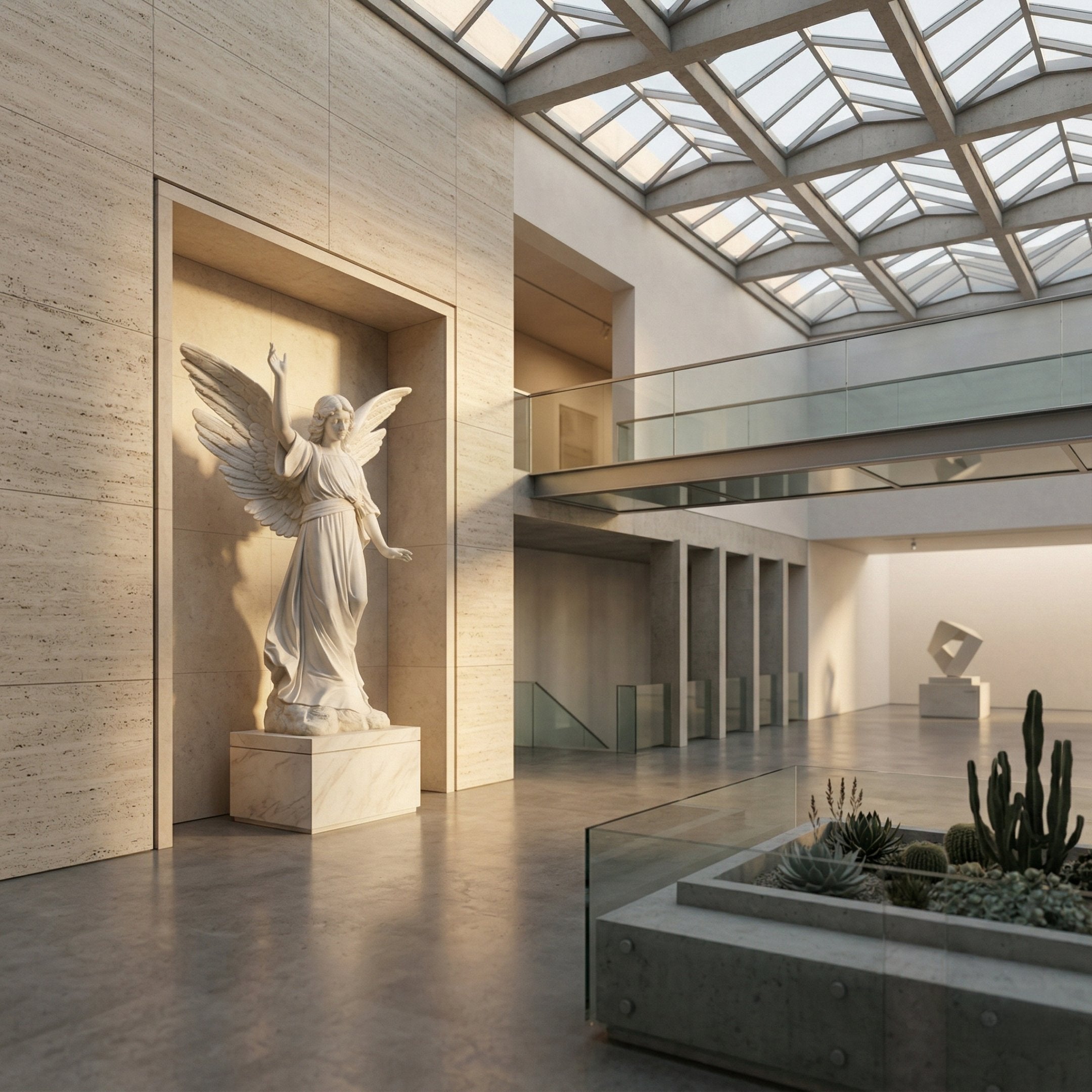 Standing Female Angel Marble Outdoor Sculpture by Giant Sculptures, 180cm white marble figure with outstretched wings and flowing robes, displayed in a museum-style atrium with skylight.