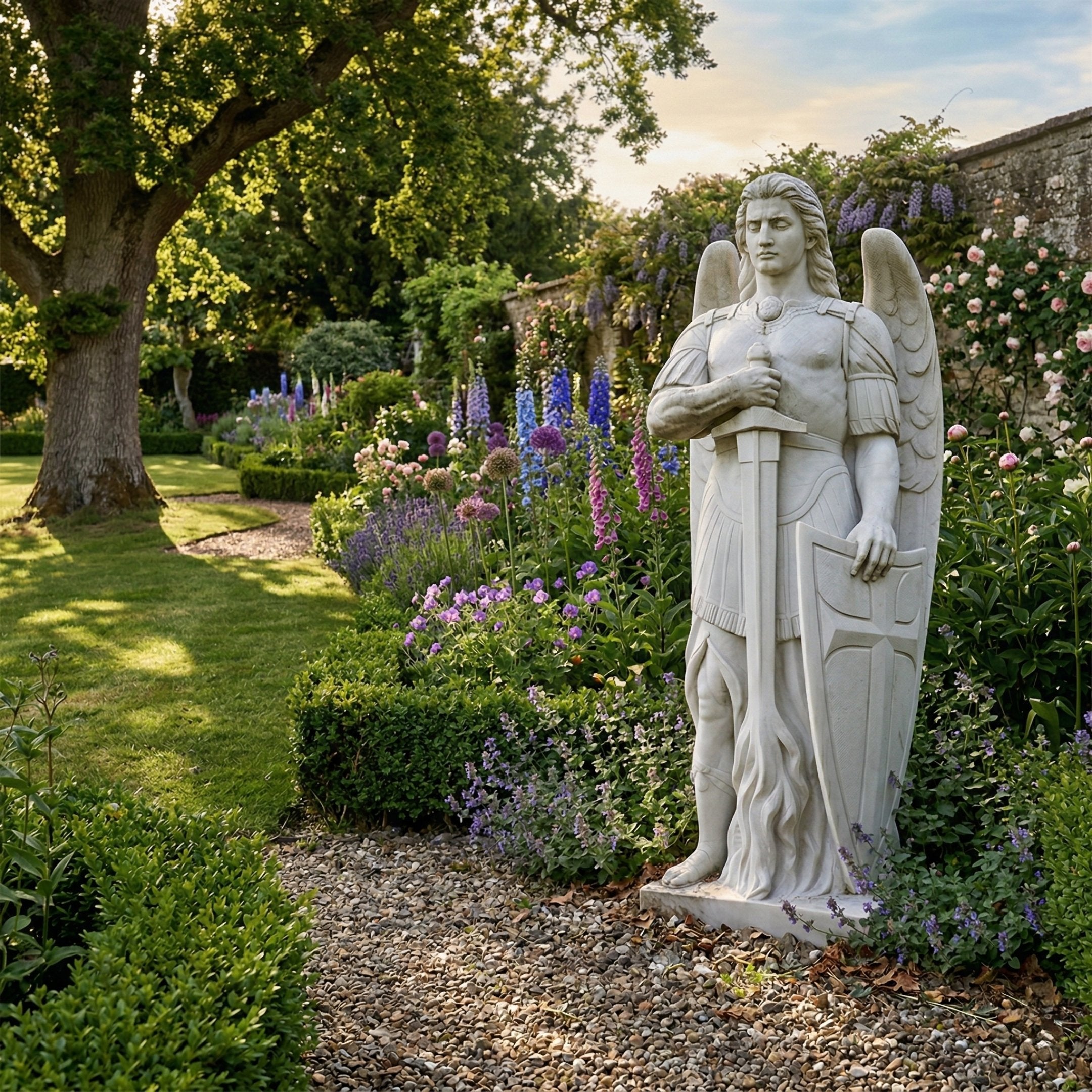 Male Guardian Angel Marble Outdoor Sculpture by Giant Sculptures, 180cm white marble figure in armor with wings, sword, and shield, displayed on a gravel path in a lush English garden with flowering borders.