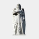 Male Guardian Angel Marble Outdoor Sculpture by Giant Sculptures, 180cm tall winged angel in white marble holding a sword, wearing Roman-style armor, on a rectangular base against a plain light background.