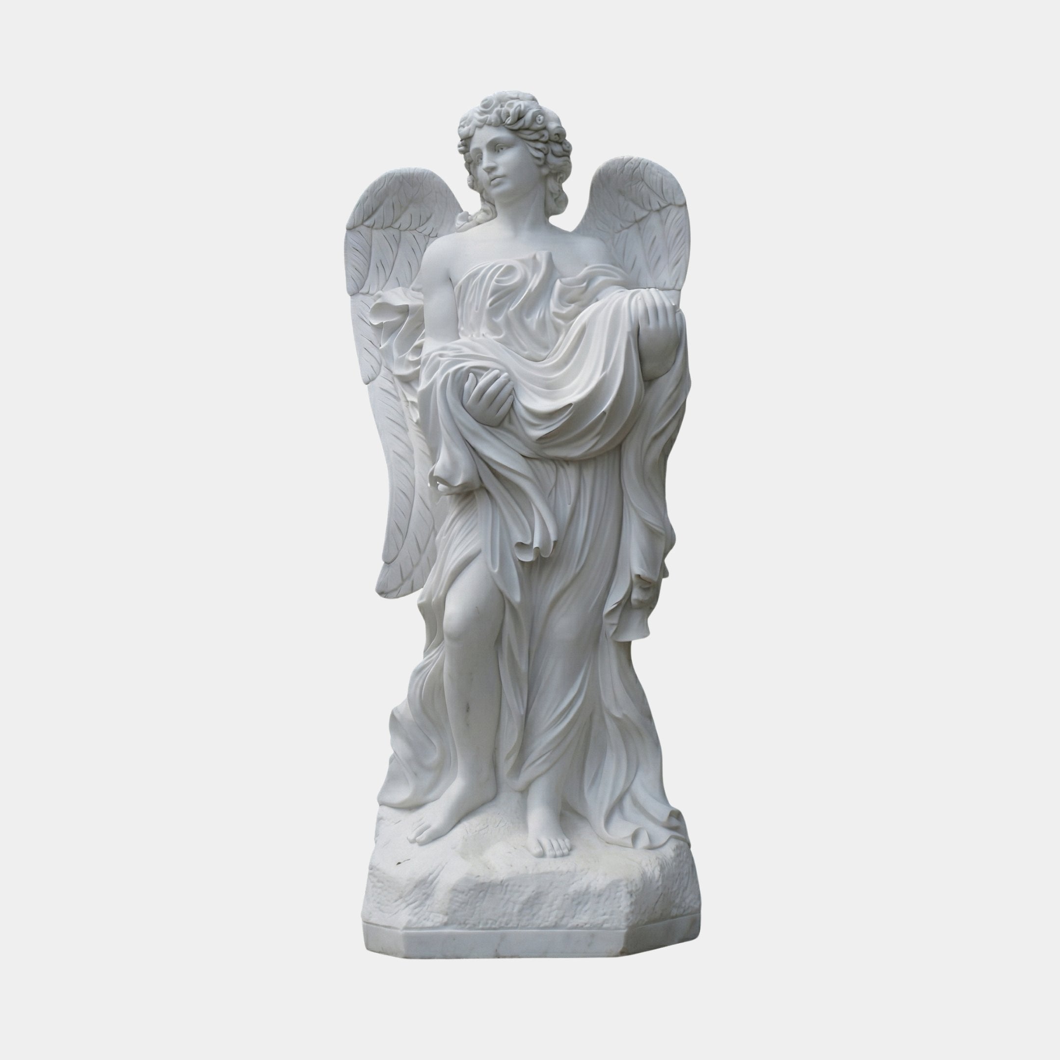 Life-Size Garden Angel Marble Outdoor Sculpture in natural white marble, depicting a winged angel in flowing draped robes on a carved base, shown against a plain light grey background.