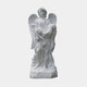 Life-Size Garden Angel Marble Outdoor Sculpture in natural white marble, depicting a winged angel in flowing draped robes on a carved base, shown against a plain light grey background.