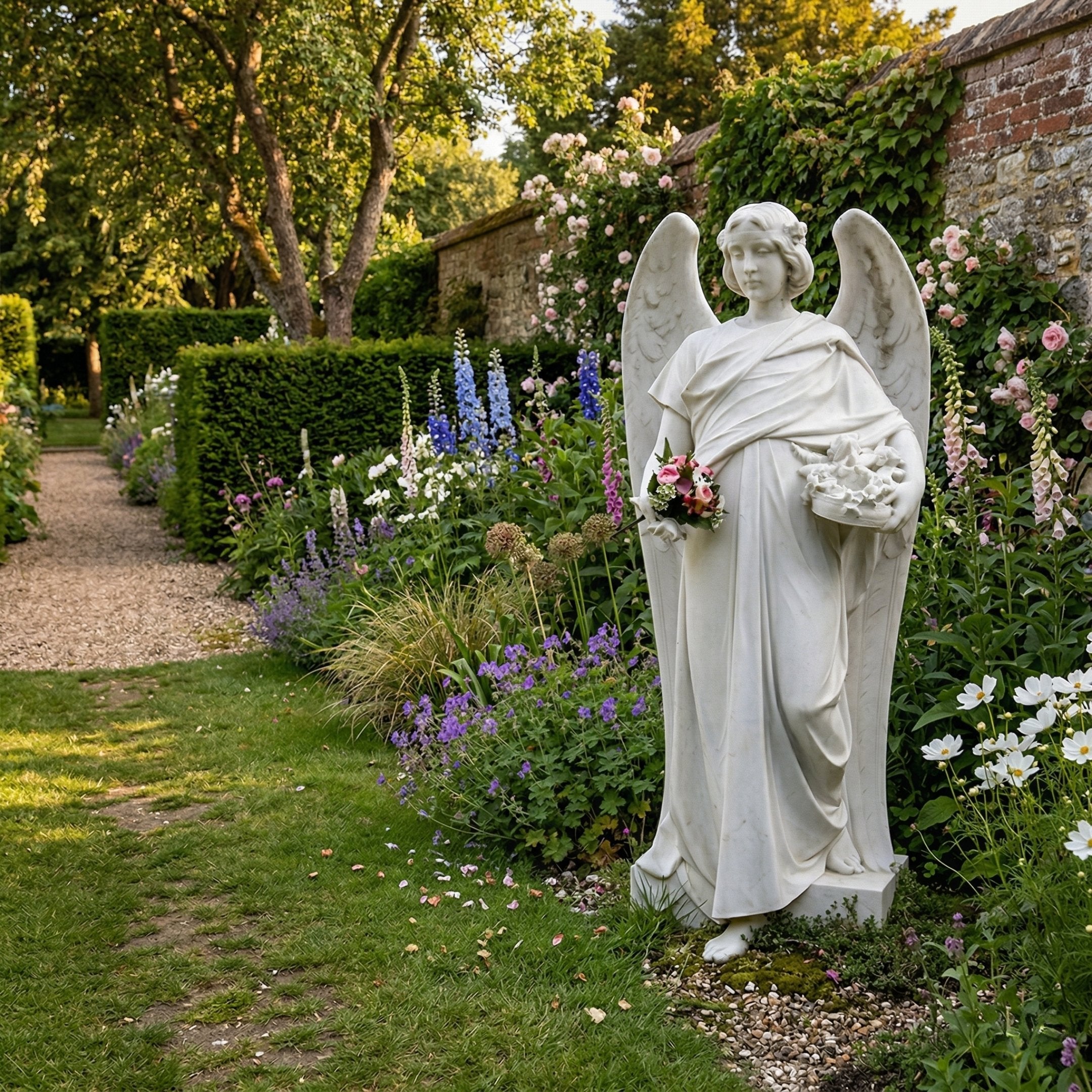 Large Winged Woman Angel Marble Outdoor Sculpture by Giant Sculptures, 180cm white marble figure holding flowers in a lush English garden with climbing roses and delphiniums.
