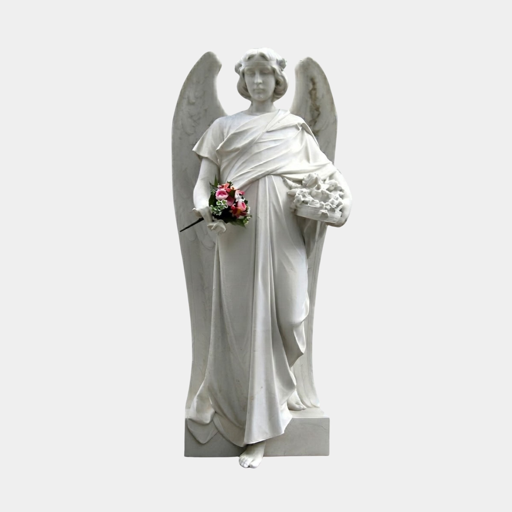 Large Winged Woman Angel Marble Outdoor Sculpture in white natural marble, standing on a rectangular base with draped robes, outstretched wings, and holding flowers, shown against a plain light background.