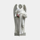 Large Winged Woman Angel Marble Outdoor Sculpture in white natural marble, standing on a rectangular base with draped robes, outstretched wings, and holding flowers, shown against a plain light background.