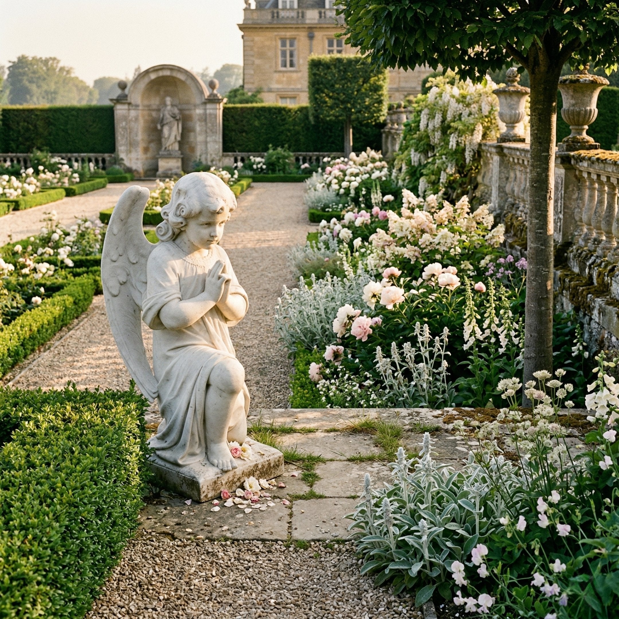 Kneeling Angel Marble Outdoor Sculpture by Giant Sculptures, 80cm white marble cherub with detailed wings and flowing robes in a praying pose, displayed in a formal garden with flower beds.
