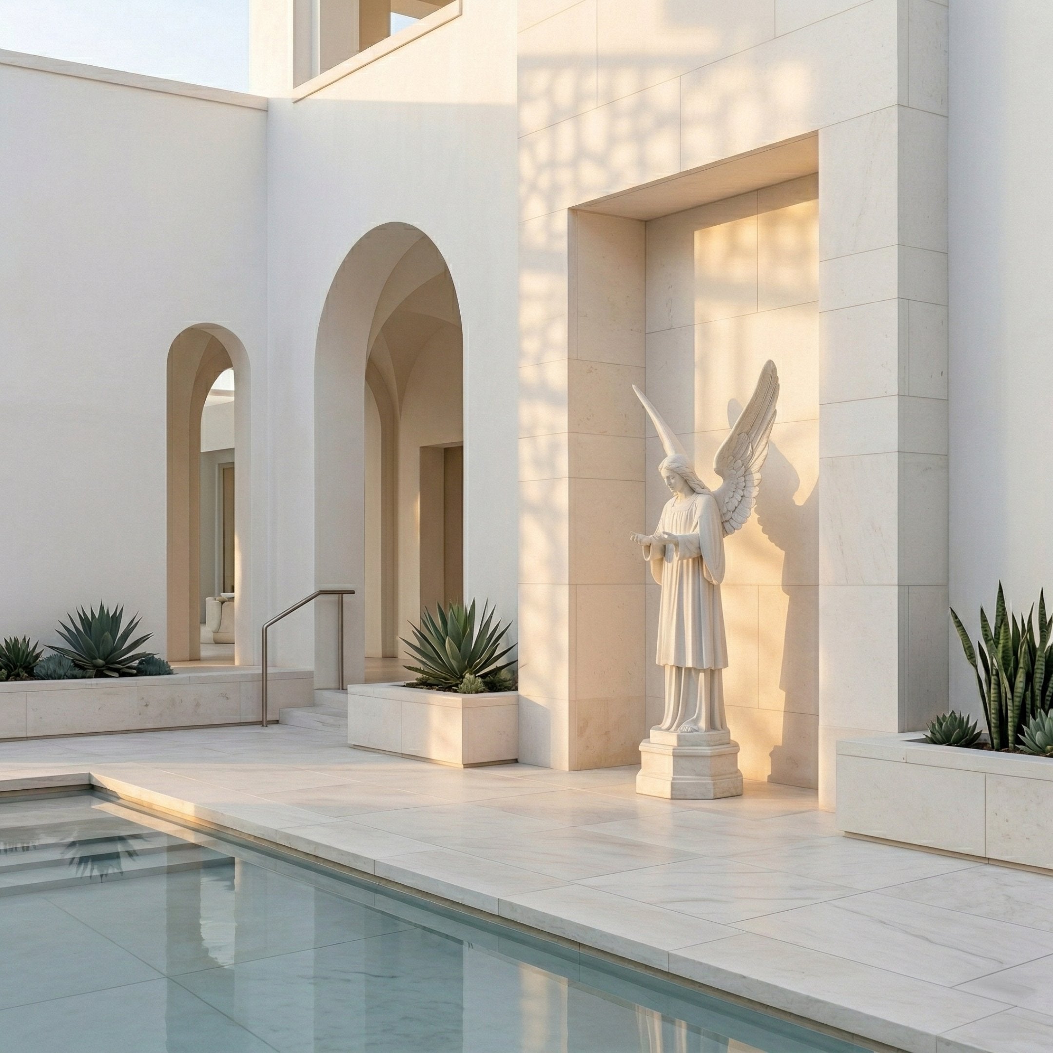 Giant Sculptures Woman Angel Marble Outdoor Sculpture – 180cm white marble angel with spread wings and flowing robes set in a recessed niche beside a courtyard pool.