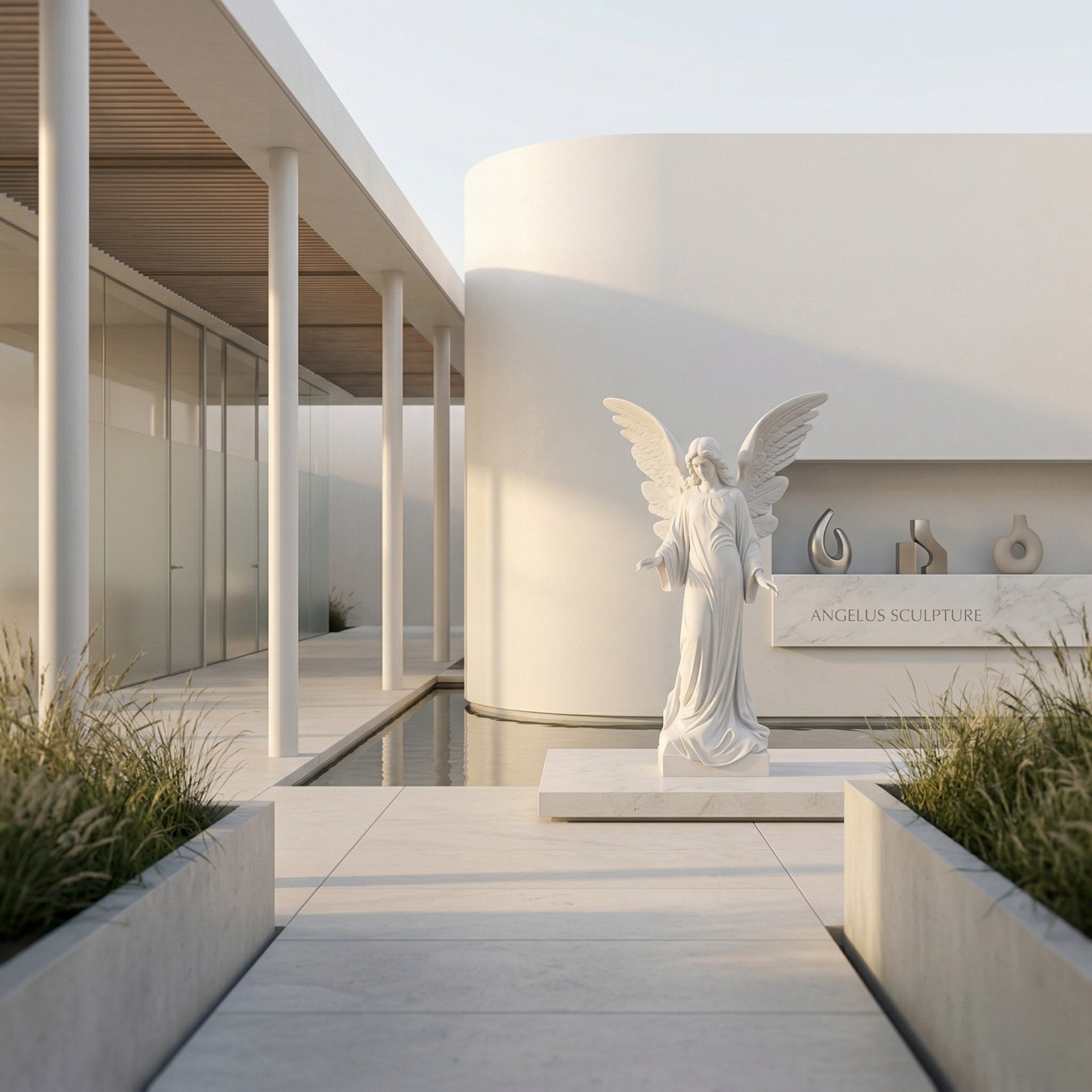 Large Guardian Angel Marble Outdoor Sculpture by Giant Sculptures, 180cm white marble figure with outstretched wings on a stone platform in a modern courtyard with a reflecting pool and ornamental grasses.