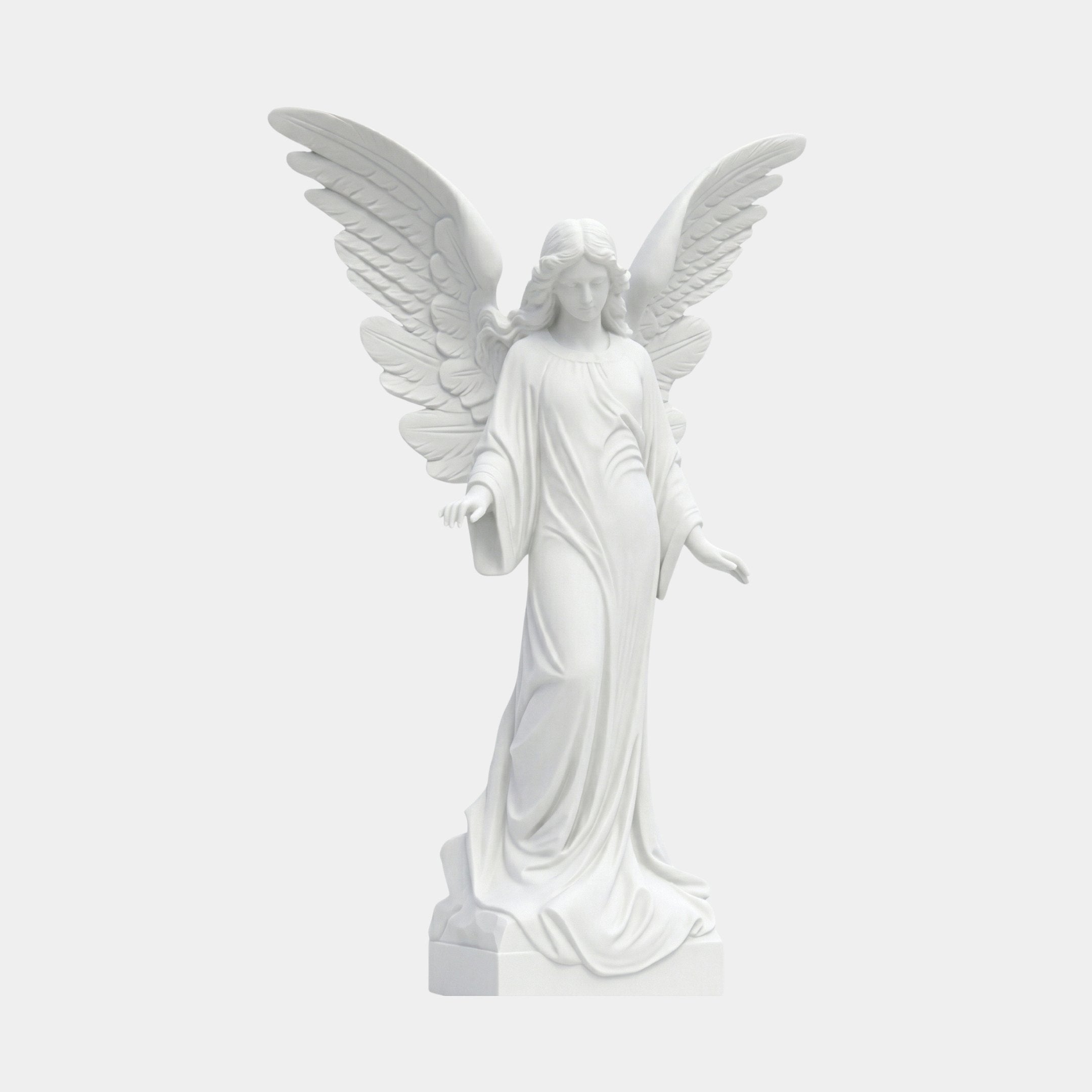 Large Guardian Angel Marble Outdoor Sculpture by Giant Sculptures, 180cm white marble figure with outstretched wings and flowing robes in a protective stance, on a plain light background.