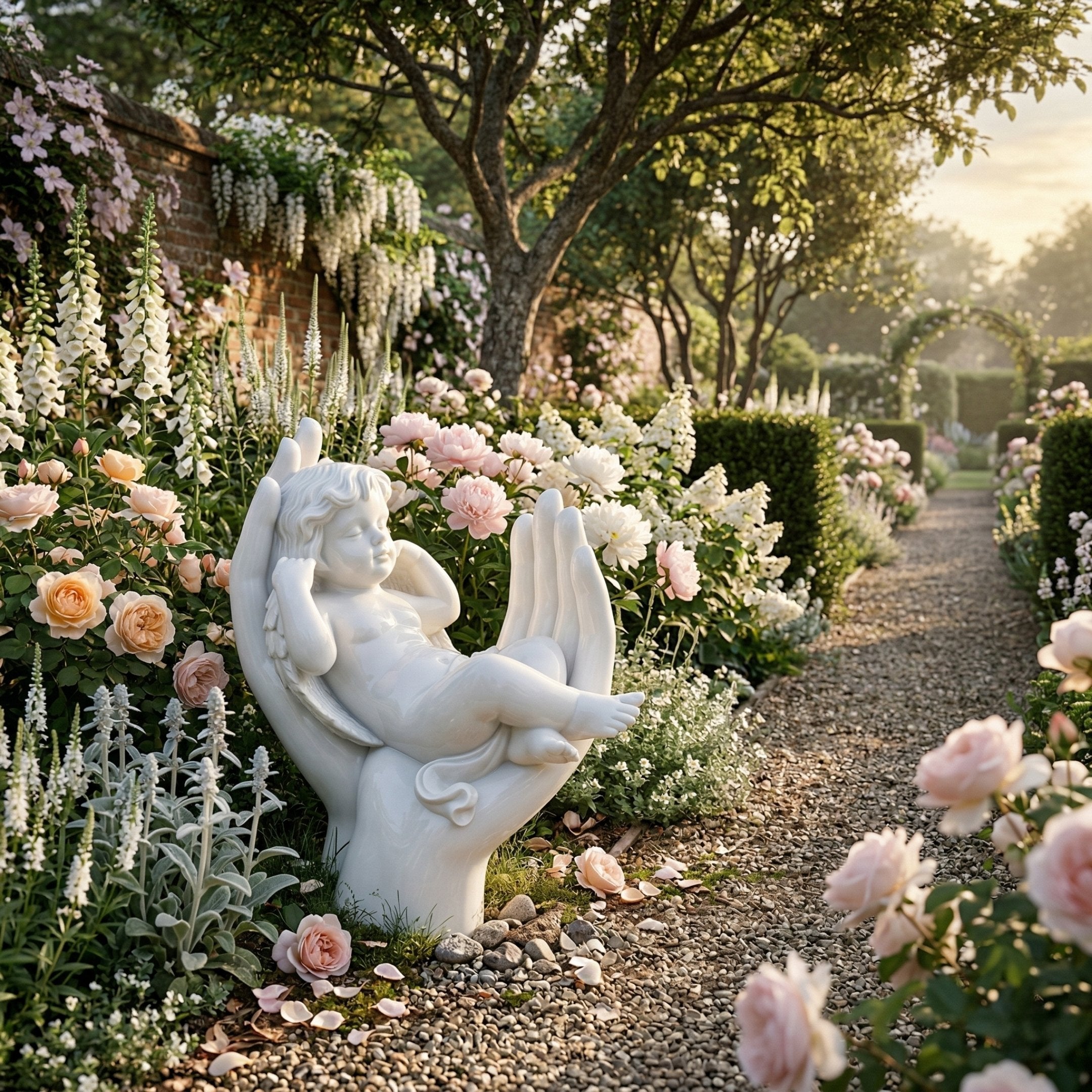 Angel Girl Angel Marble Outdoor Sculpture by Giant Sculptures, 90cm white marble cherub resting in a cupped hand, set in a lush English garden with pink roses and a gravel path.