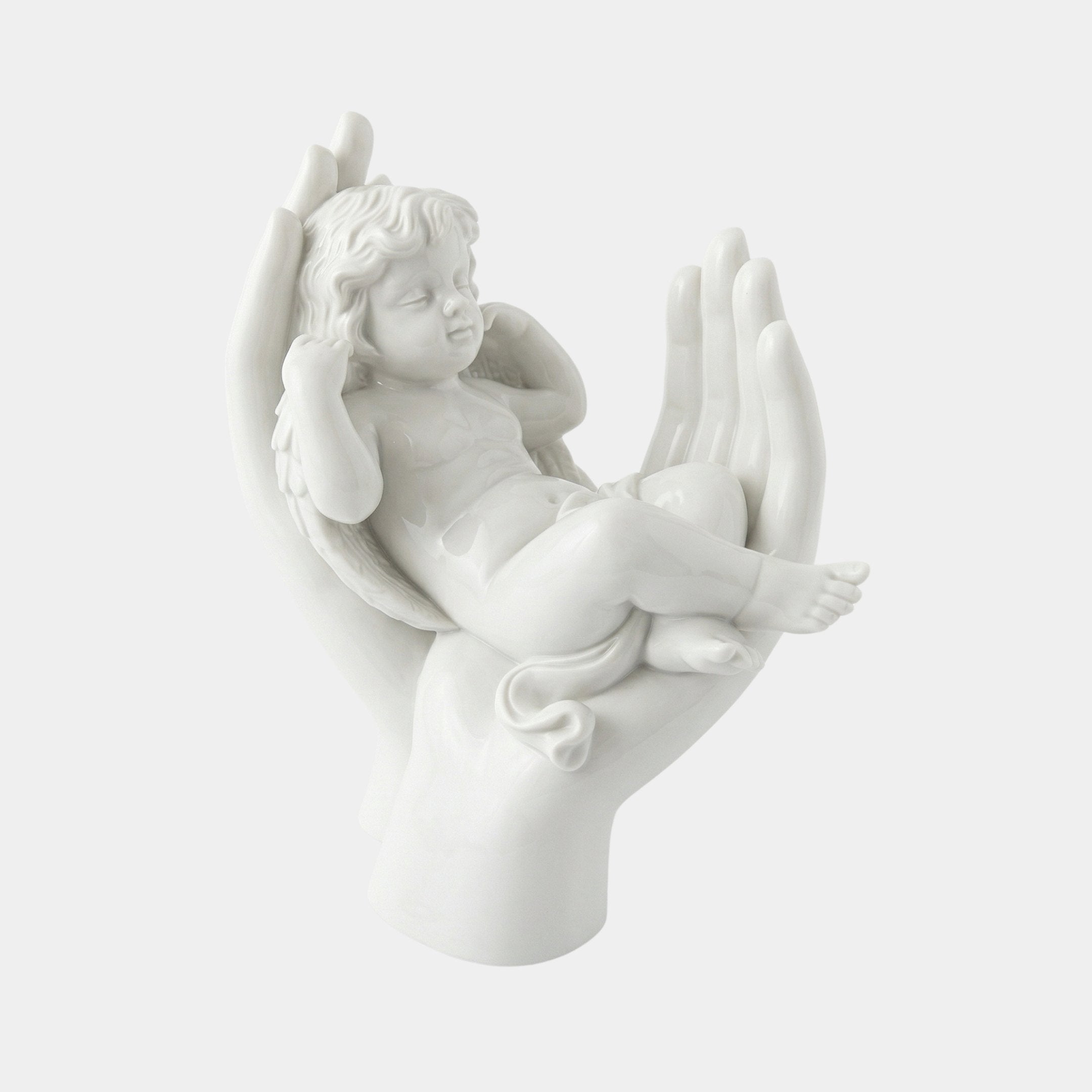 White marble sculpture of a sleeping cherub angel cradled in an open hand, shown against a plain light background — Angel Girl Angel Marble Outdoor Sculpture, 90cm, by Giant Sculptures.