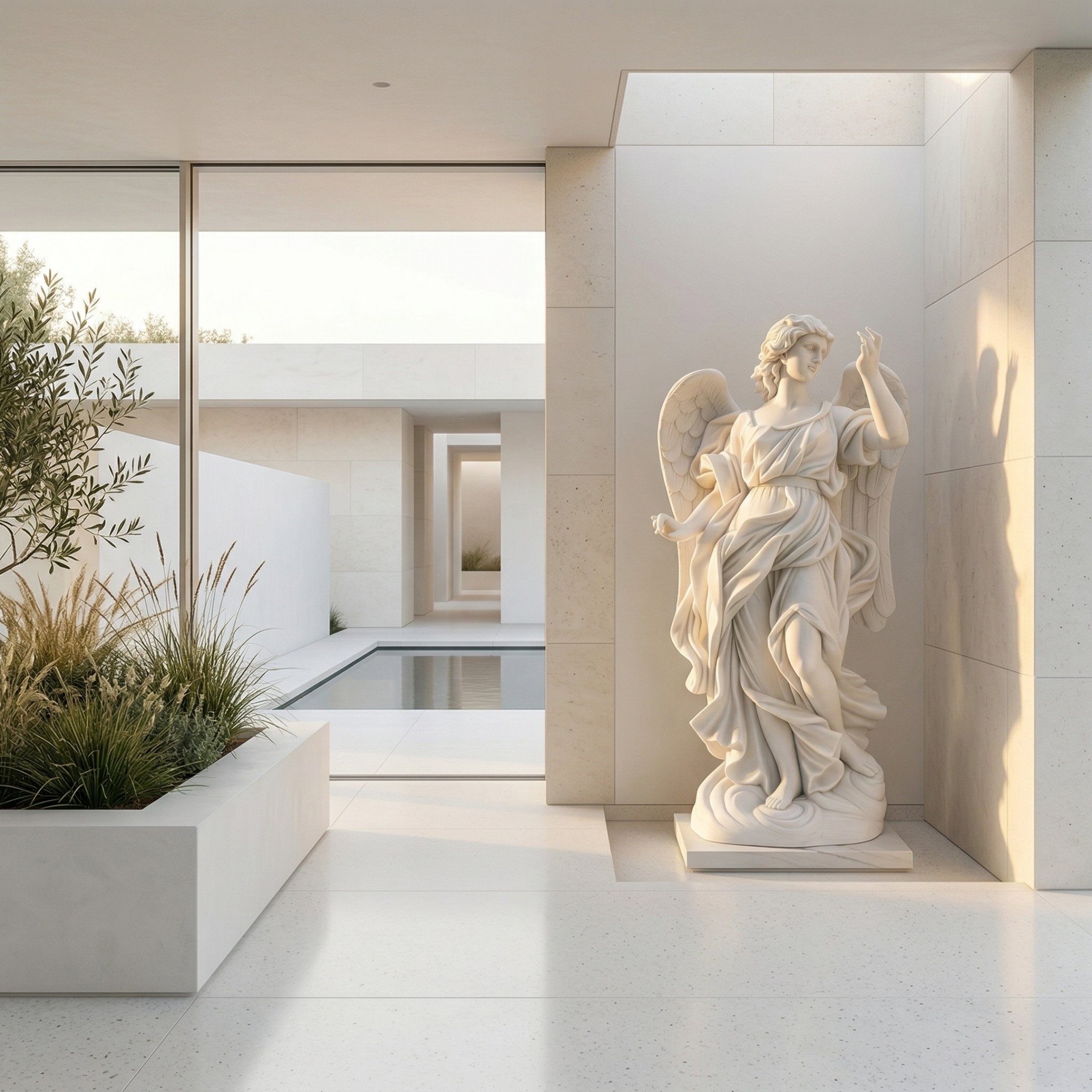 Guardian Angel Marble Outdoor Sculpture by Giant Sculptures, 180cm tall white marble figure with wings and flowing drapery, displayed in a minimalist courtyard with a reflecting pool and greenery.